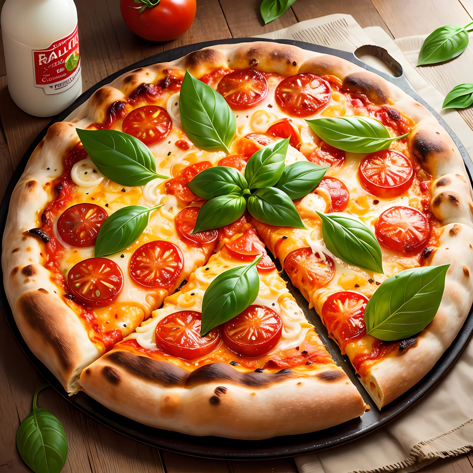 pizza deliciosa, massa fina, tomate em rodelas espalhados pela pizza, basil leaves scattered around pizza, mesa de madeira --auto