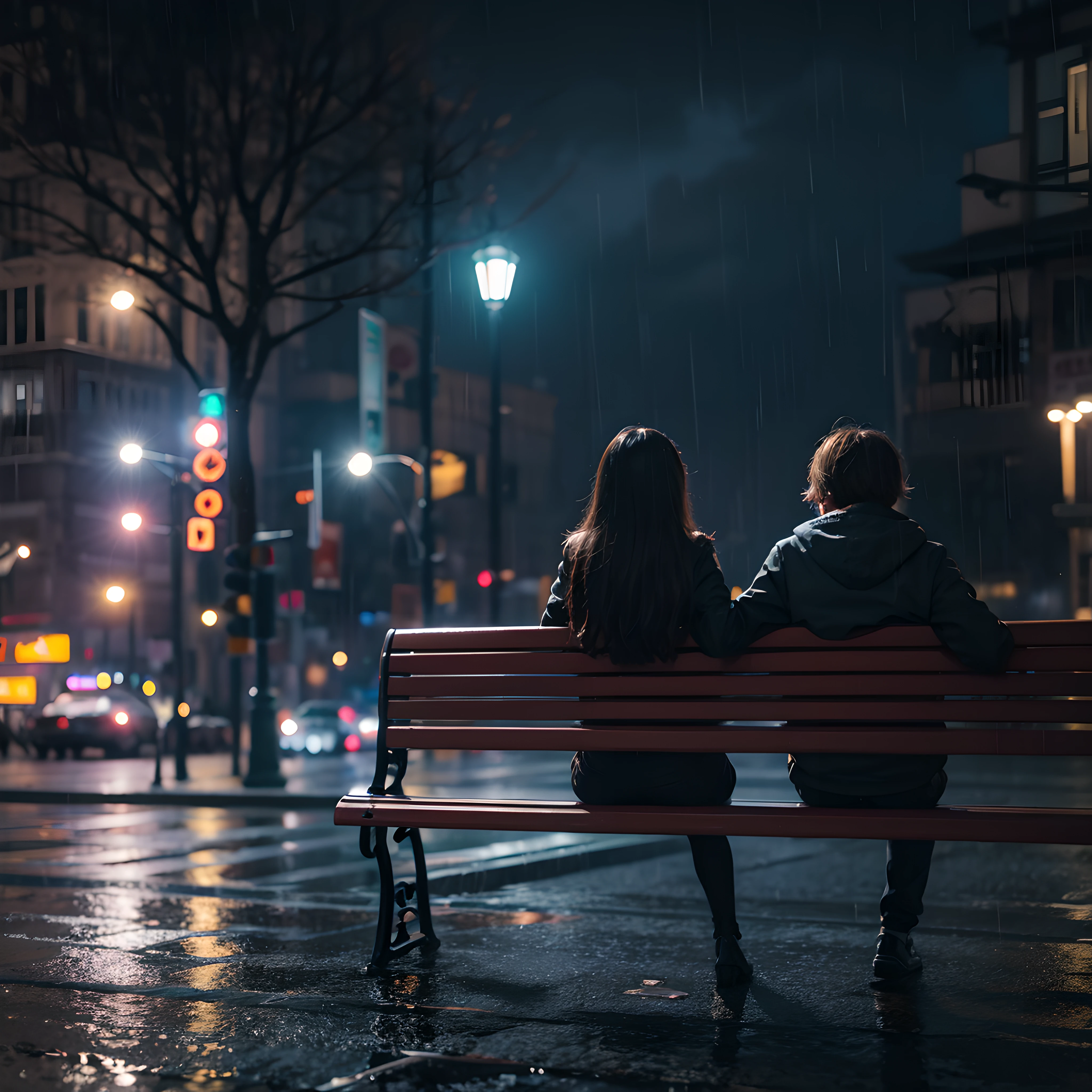 Outdoor cinematics Rainy city night Couple on a bench Street lights at eye level Bokeh effect & destello de lente poco profundo 4K
