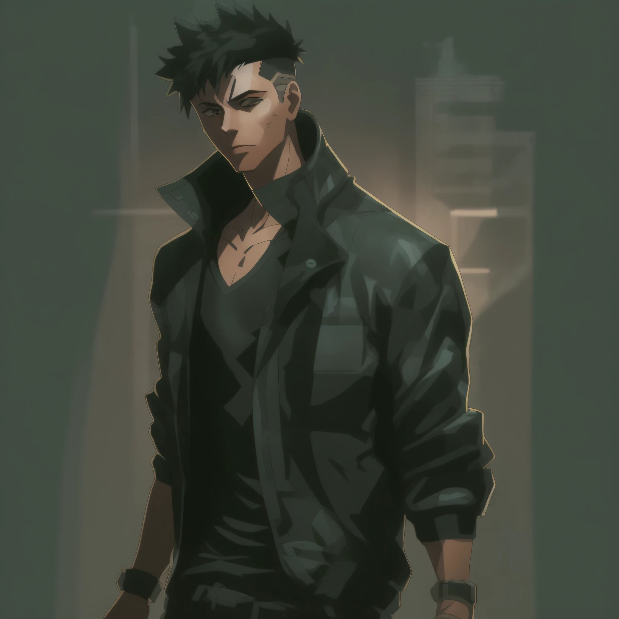 Create the art of a young male human character with a normal body and average height, vestindo camiseta, jaqueta de trincheira longo da cor preta, Estilo detetive Noir, Estilo Shadowrun, detetive, dystopian style 80's, Personagem inspirado em Shadowrun, Arte de RPG