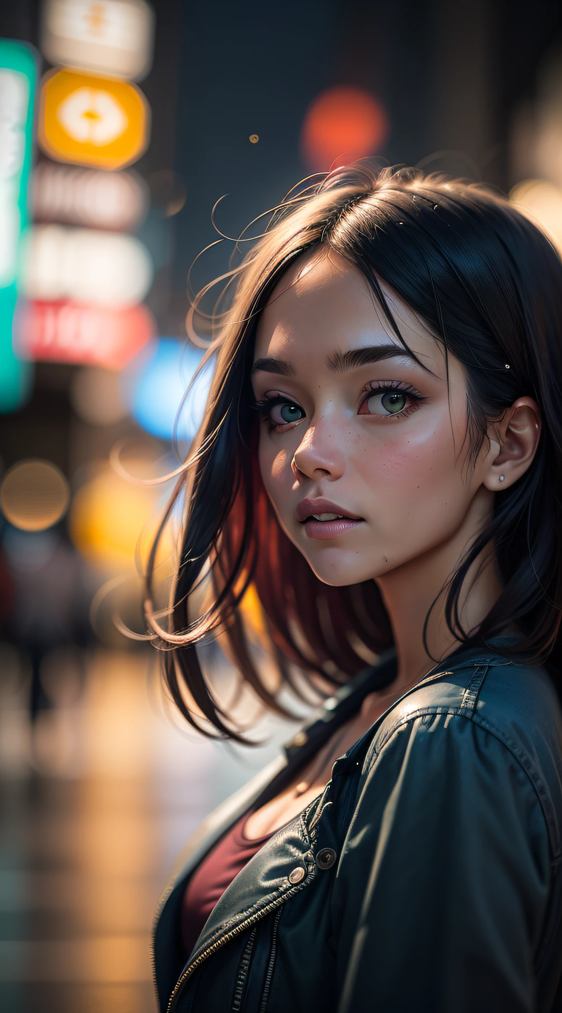 A woman on a large busy Tokyo avenue, with heavy traffic on a wet night, obra-prima, Foto RAW, profundidade de campo, Bokeh, (frontlighting:1.2), (Backlighting:0.75), (luz de enchimento:0.9), Neons, chromatic aberration, (Reflexo da lente:1.2), 8k, real, azul