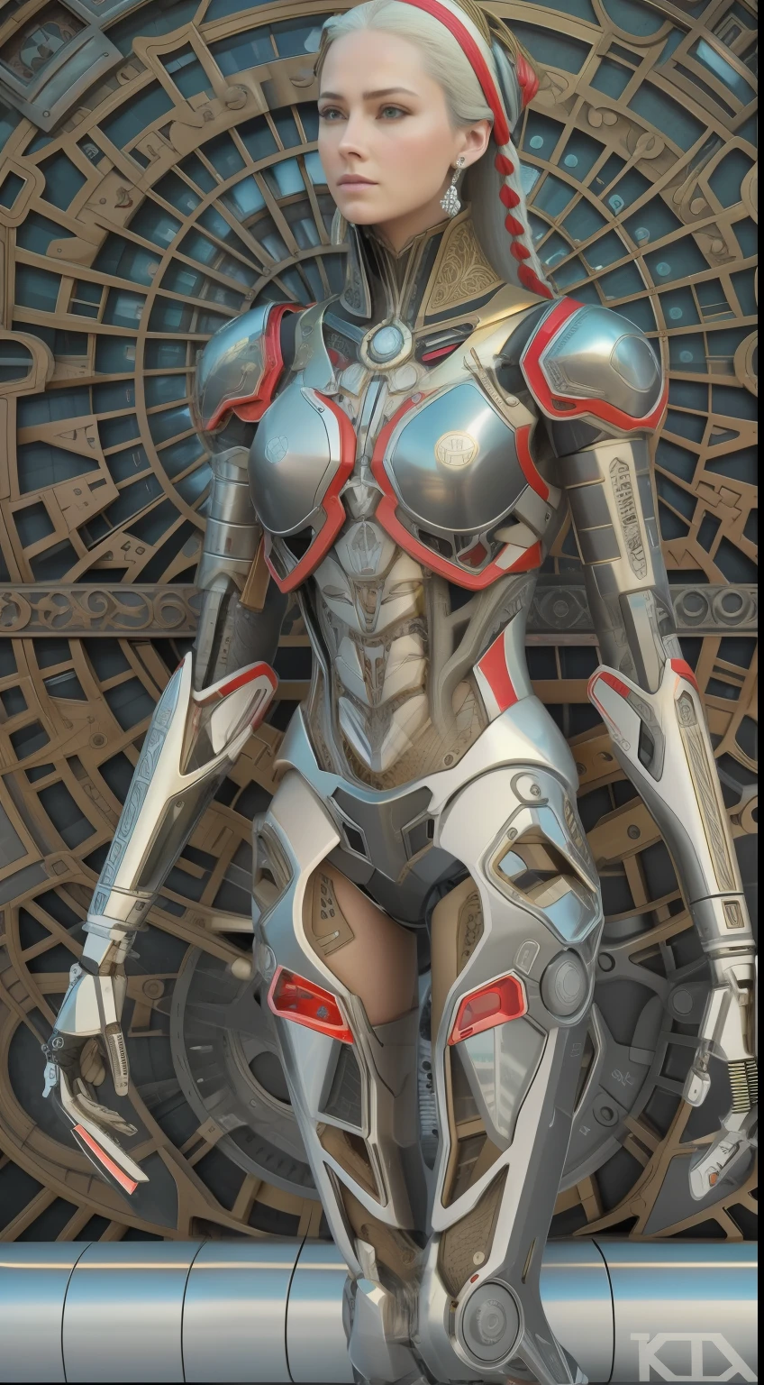 [Complex hyper-detailed rendering of a beautiful Android MatrixCore, biomechanical cyborg,, Lente de 150 mm, bela luz de aro natural suave, folhas e caules grandes de bananeira, Roots, renda de folhagem fina, detalhes coloridos, Samurai, Boris Bidjan Saberi roupa, pearl earrings]::1.5 [Art Nouveau Alta Moda, detalhes intrincados, fios de malha, Fractal de Mandelbrot, Anatomical, facial muscles, fios de cabos, microchip, Badass, paleta plana]::1.8 hiper realista, ultra detalhado, octan render, Volumetric lighting, 8K post-production, vermelho e branco com um pouco de preto, detailed metallic bones, semi humano, Cores iridescentes, Quarto Branco, Desfoque inteligente
