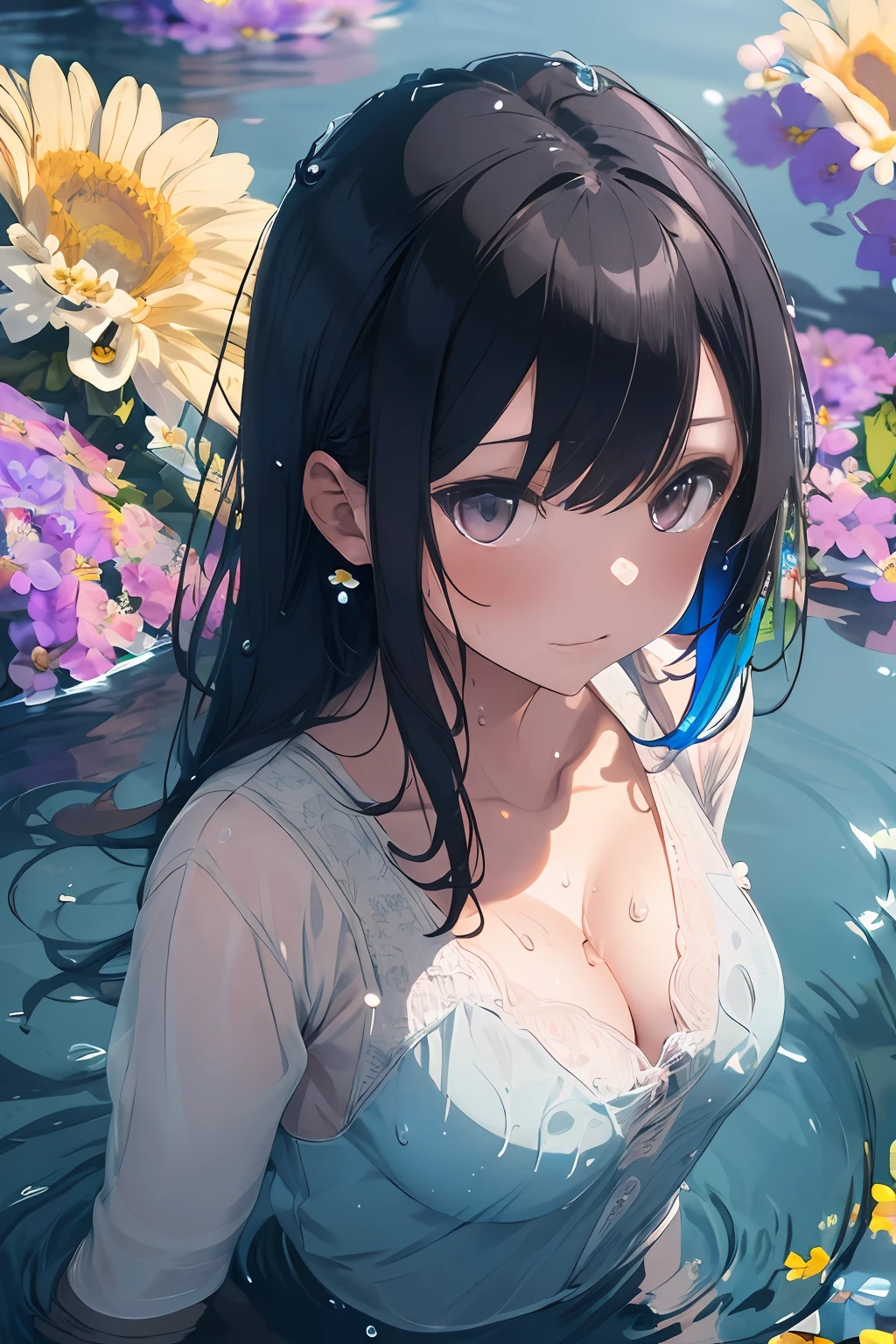 nsfw, masterpiece, hyper detailed, highres, good anatomy, (((best quality))), ((an extremely delicate and beautiful)), {{an extremely detailed and delicate}}, {8k cg wallpaper}, illustration, (greyscale with colored background:1.1), ray tracing, bokeh, (colorful flowers:1.8), water, (water drop:1.8), (ripples:1.3), (reflection:1.1), (light particles:1.5), chromatic aberration, from above, upper body, (mature female), 1girl, solo, standing, looking at viewer, wet, blush, medium breasts, (cleavage:1), hiten1,