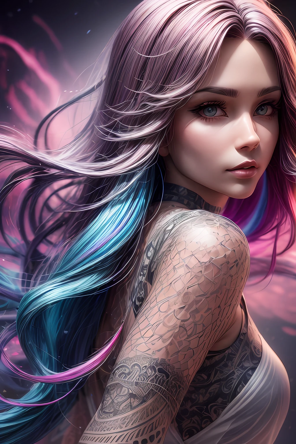 zentangle,a 3D render,with rainbow colored background, (1 beautiful women,Long colored hair:1.3),(Clear plastic tunic:1.2), Dynamic stance, Best quality, Detailed details, Masterpiece, offcial art, Cinematic lighting effects, 4K,