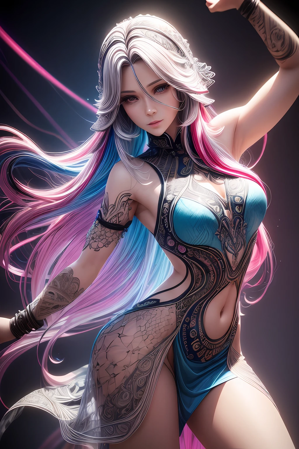 zentangle，a 3D render，with rainbow colored background, (1 beautiful women,Long colored hair:1.3)，(Clear plastic tunic:1.2), Dynamic stance, Best quality, Detailed details, Masterpiece, offcial art, Cinematic lighting effects, 4K,