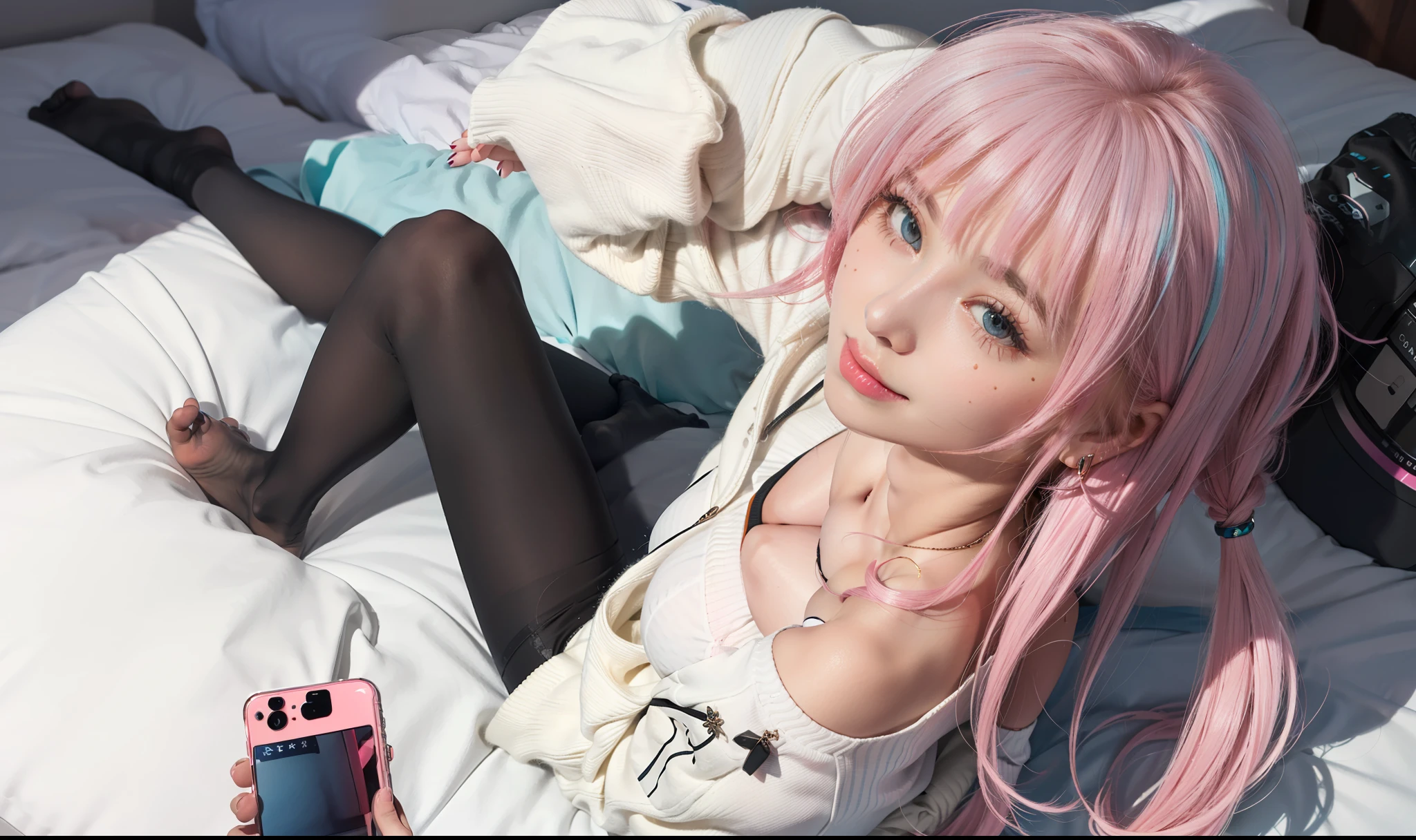best quality, masterpiece, photorealistic, 1girl, , Beautiful face, (photo realistic:1.3), rim lighting, (high detailed skin:1.2), 8k uhd, dslr, high quality, high resolution, 4k, 8k, Bokeh, absurdres, best ratio four finger and one thumb, (realistic:1.3), cute 1girl, 1girl laying on a bed, a cute girl, very beautiful cosplay girl, anime style 4 k, beautiful cosplayer, ultra hd 8K, , ({minato aqua Cosplay}, {Cosplay of Aqua Minato hololive}, {hololive}, {Vtuber cosplay}), ({pink haired with light blue highlight hairstyle, pink hair}, {beautiful hair,} {realistic hair}), ({pink eyes}, {beautiful eyes}, {simetrical eyes}, {best proportion}, {Gently smile}, {natural make up}, {Cute Face}), ({best anatomy, best leg anatomy, best, hand anatomy}, {medium breast}, {wearing white sweater}, {White sweater}, {Wearing black legging}, {Black Legging}, {no shoes}) ({Bed}, {white bed}, {Looking up, view from above})