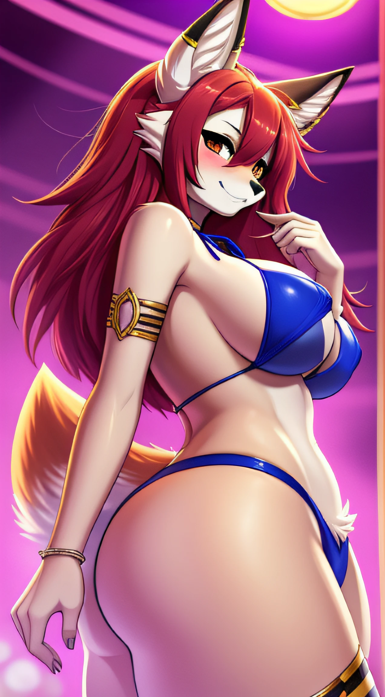 Bikini, anime style, no tail, masterpiece, uhd, ccurate, anatomically correct, super detail, high detail, best quality, 16k, 1080p, thick_thighs,big tits, big ass, high saturation, colorful, detailed manga illustration, fox girl, (furry: 1.21), fox_ears, floating hair, looking at the audience, detailed fingers, contour deepening