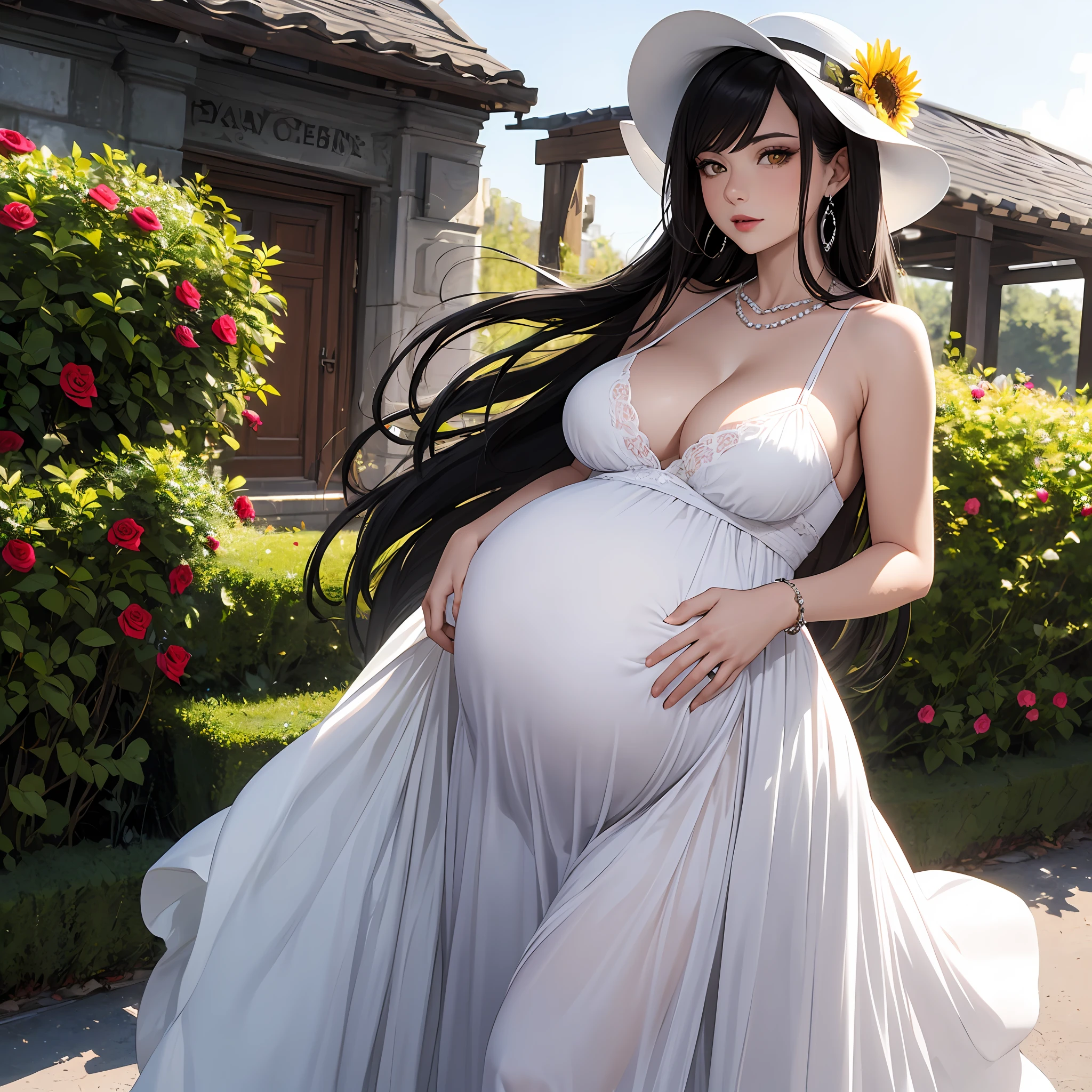 Best quality, Masterpiece, (1 Mom, Big vampire mother, Alcina Dimitrescu:1.05), 1girll, Solo, Breasts, Large breasts, black_Hair, mitts, Hat, Sun_Hat, dress, White dress, Long dress, cleavage, jewelry, Earrings, Tall female, Mature female, Pale_skin, Yellow eyes, Makeup, pearls necklace, black roses, black flower, view the viewer,pregnant women with, --auto