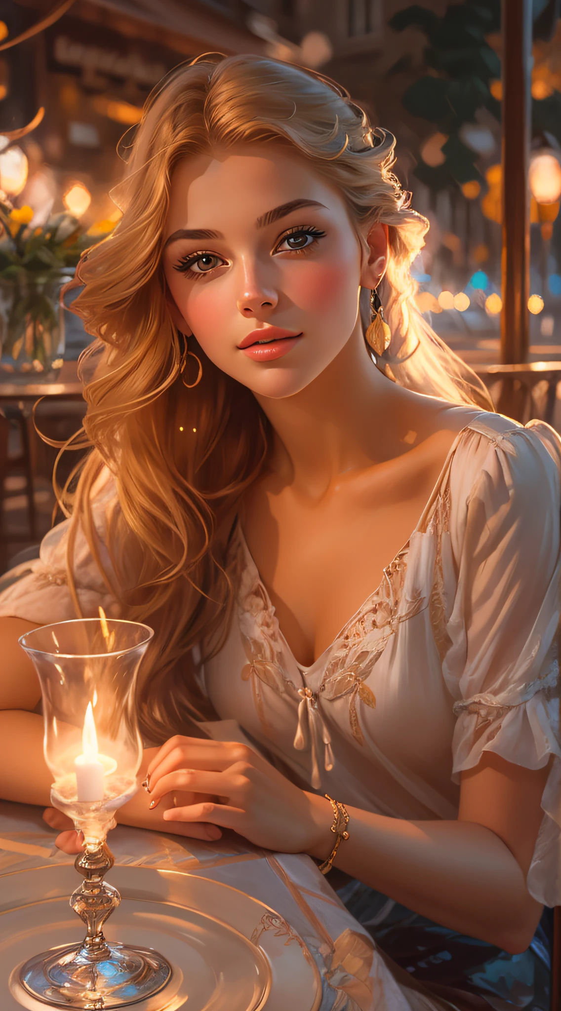 Portrait of a beautiful elegant young woman, sitting in a large open-air café in Paris, She looks at the camera, Her face is very detailed with a slight blush on her cheeks, blond hair, in the evening by candlelight, romantic illustration in the style of John Singer Sargent and Michael Garmash and Steve Hanks and Vladimir Volegov, Modern Romantic Impressionism, dinamic lighting, voluminous lighting, intricately-detailed, hyper-detailing, sharp-focus, Разрешение 4K --AR 9:16 50 --c 20 --q 2 --s 2