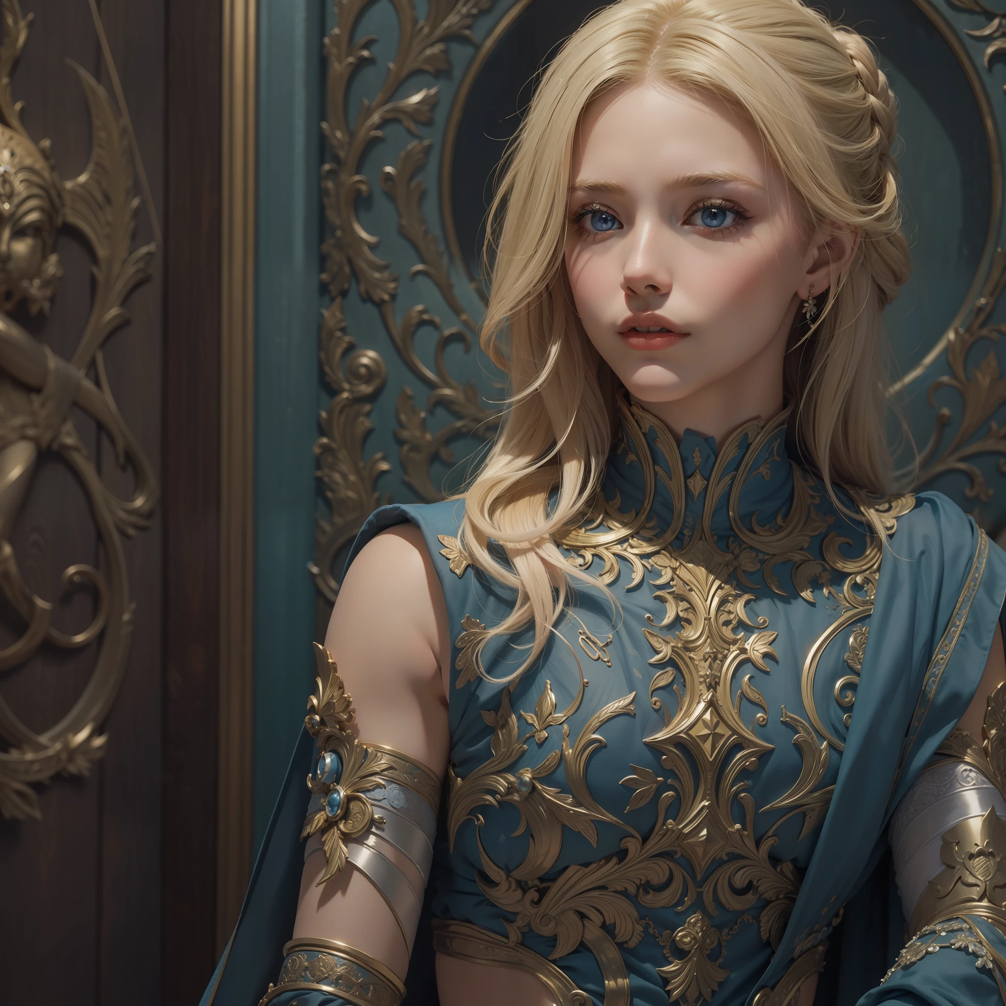 "(((obra-prima))), melhor qualidade, ultra-detallhado, High resolution CG image with a beautiful blonde woman with bright blue eyes, retratados em detalhes fascinantes. His delicate body is accurately represented at every angle. Ela possui longos cabelos loiros e veste uma armadura negra detalhada. The upper body sculpted to perfection"