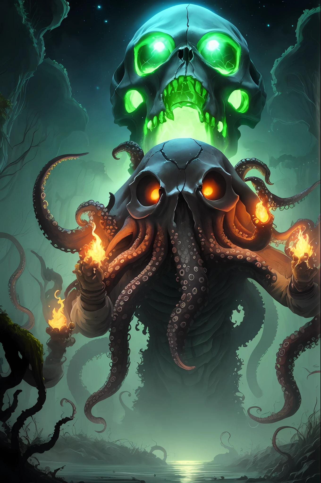 dark swamp eldritch monster (skull face:1.2) rising out of the water moss slime vines (octopus tentacles:1.2) churning water fireflies midnight moonlight backlight (masterpiece:1.2) (illustration:1.2) (best quality) (detailed) (intricate) (8k) (HDR) (wallpaper) (cinematic lighting) (sharp focus)