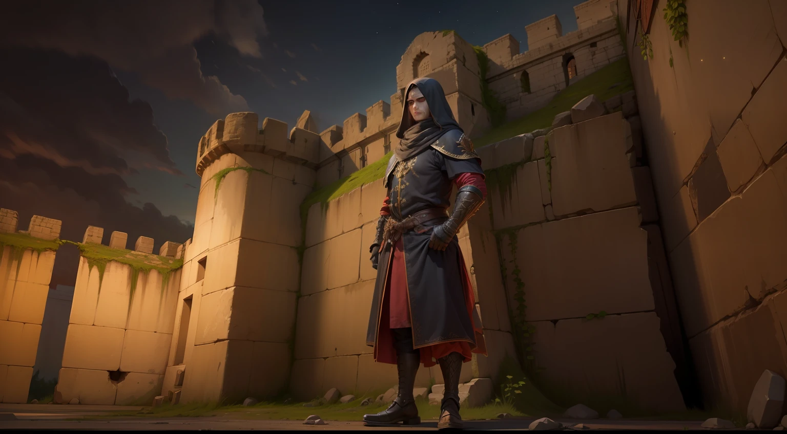 Front view, retrato realista, luz natural suave, noite, the battlements of the imposing walls of Jericho, um sentinela canaanita olha fixamente para o espectador, The sentry is behind the battlements, as ameias tem a altura do peito do sentinela, The Sentinel's expression is one of dread, olhos arregalados, medo, enervante, 4K, HDR