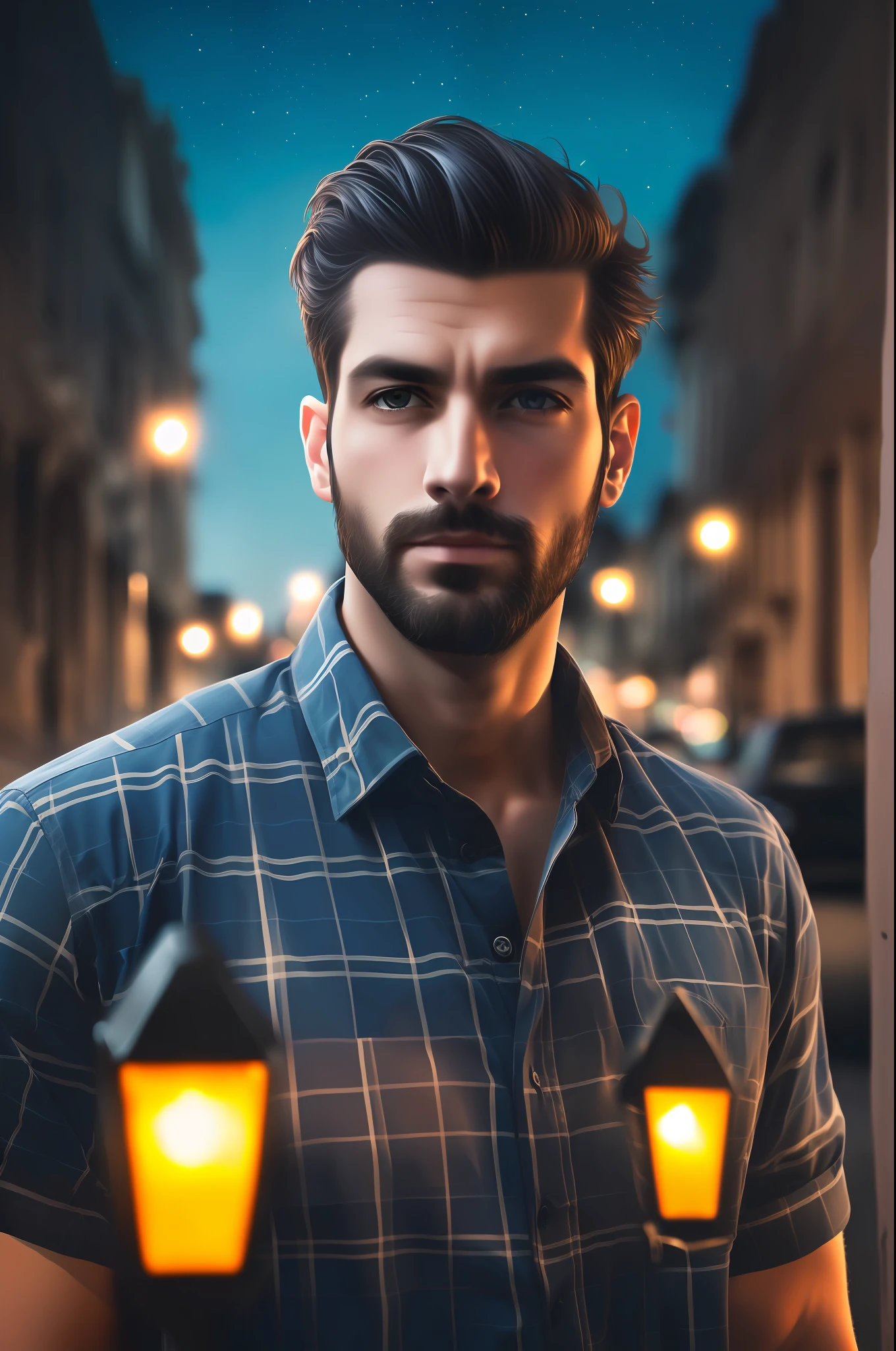 portrait of a modern dark-haired man, detailed face, in a plaid dark shirt, on the street of the city, near a blue Audi car, evening, neon, lanterns, dramatic sky, nature