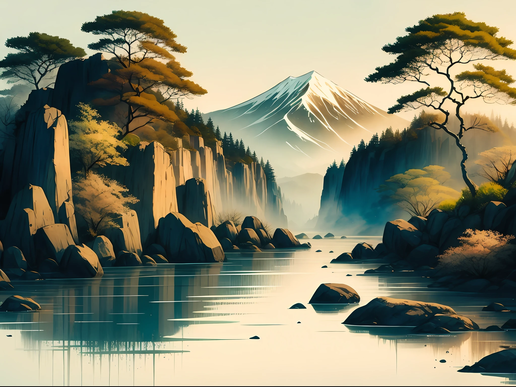 white background, scenery, ink, distant mountains, water, trees, rocky river banks
