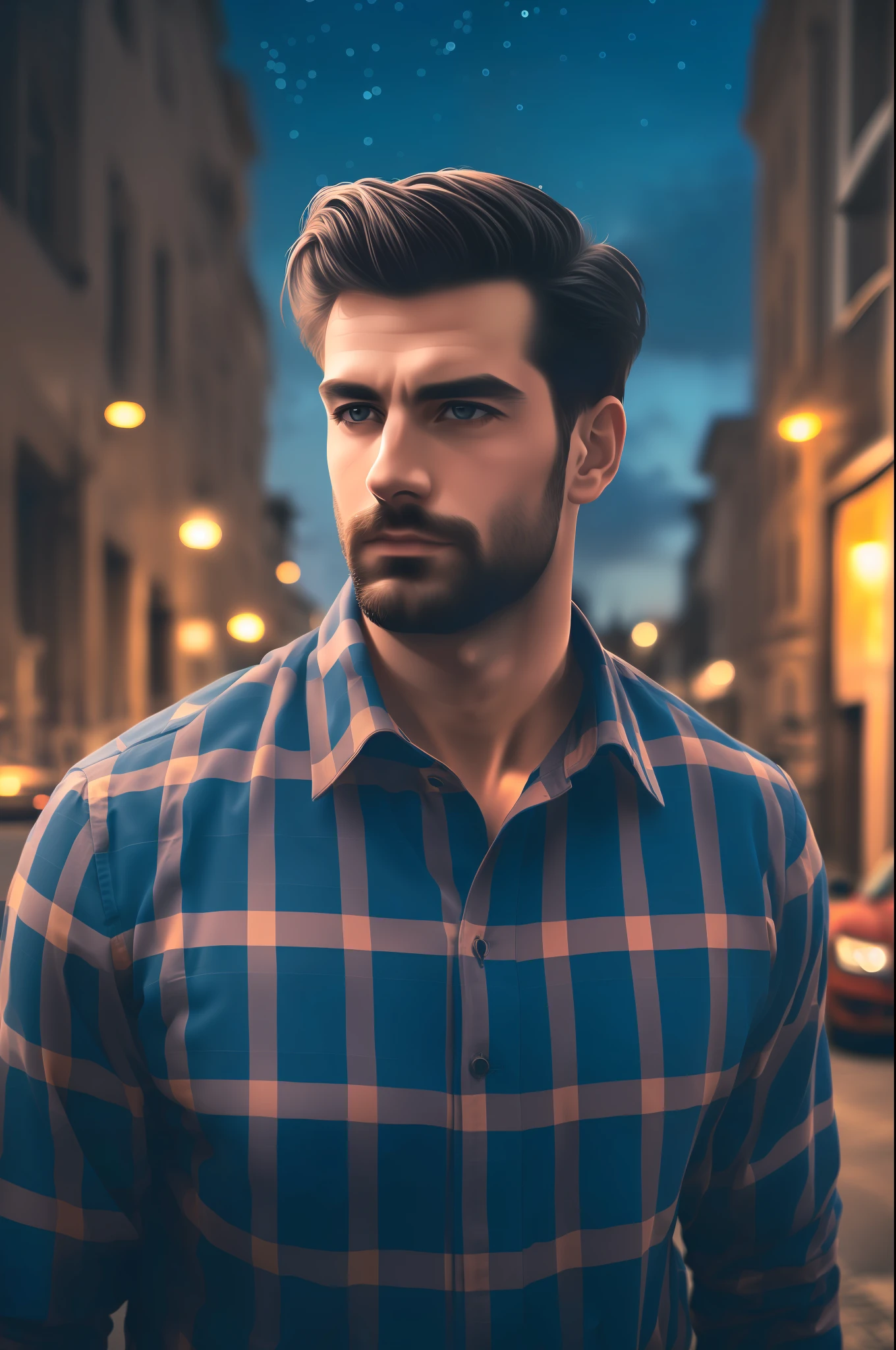 portrait of a modern dark-haired man, detailed face, in a plaid dark shirt, on the street of the city, near a blue Audi car, evening, neon, lanterns, dramatic sky, nature
