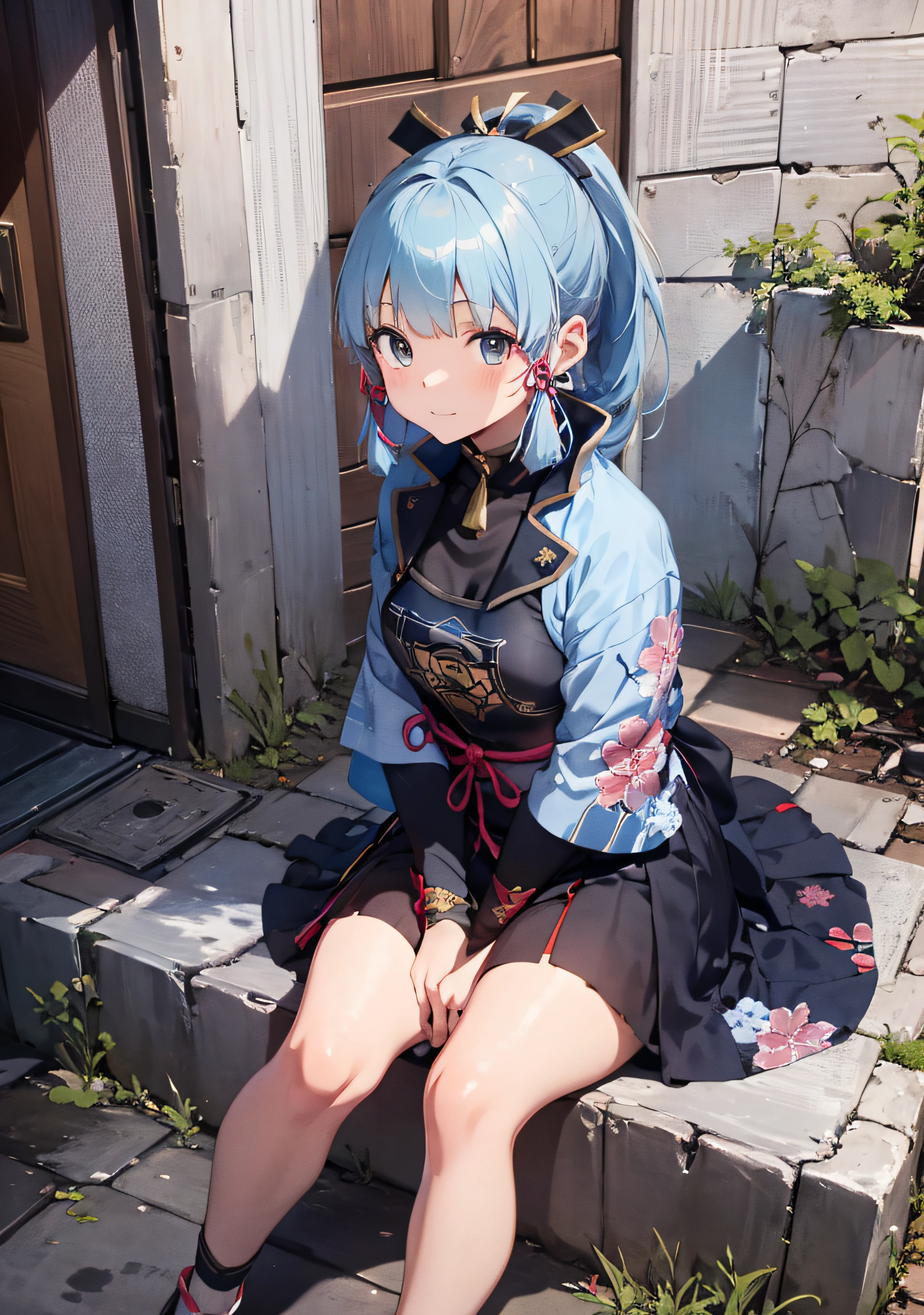 tmasterpiece, hight resolution, beste-Qualit, 1girl solo, kamisato_ayaka, sitting, From directly above, looking a viewer, slight smile, Tramp, the night, Blue hair, kimono, hairstyle ponytail,genshin