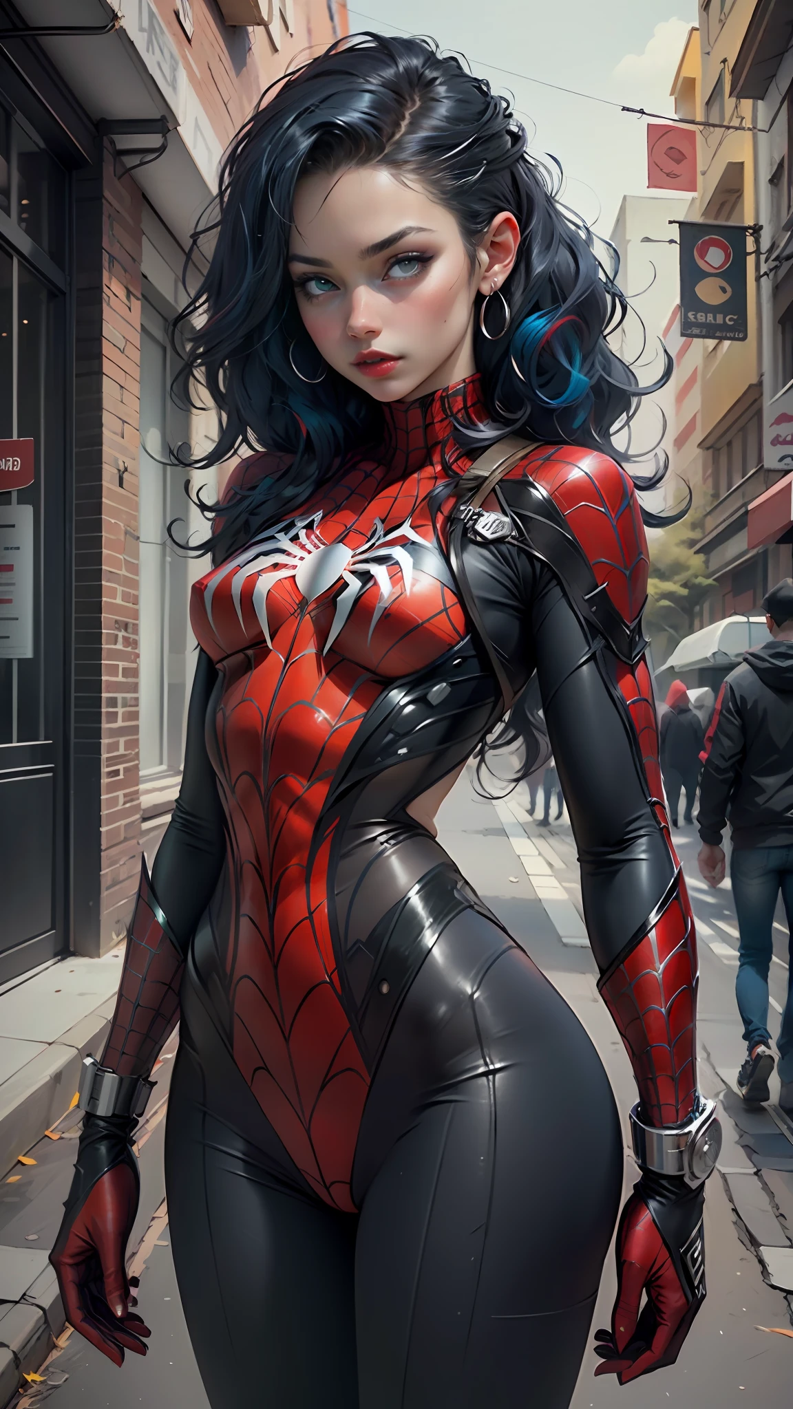 Beautiful woman detailed defined body using spider man cosplay, medium breasts, visible, dark blue hair with red highlights, dark red lipstick, green eyes