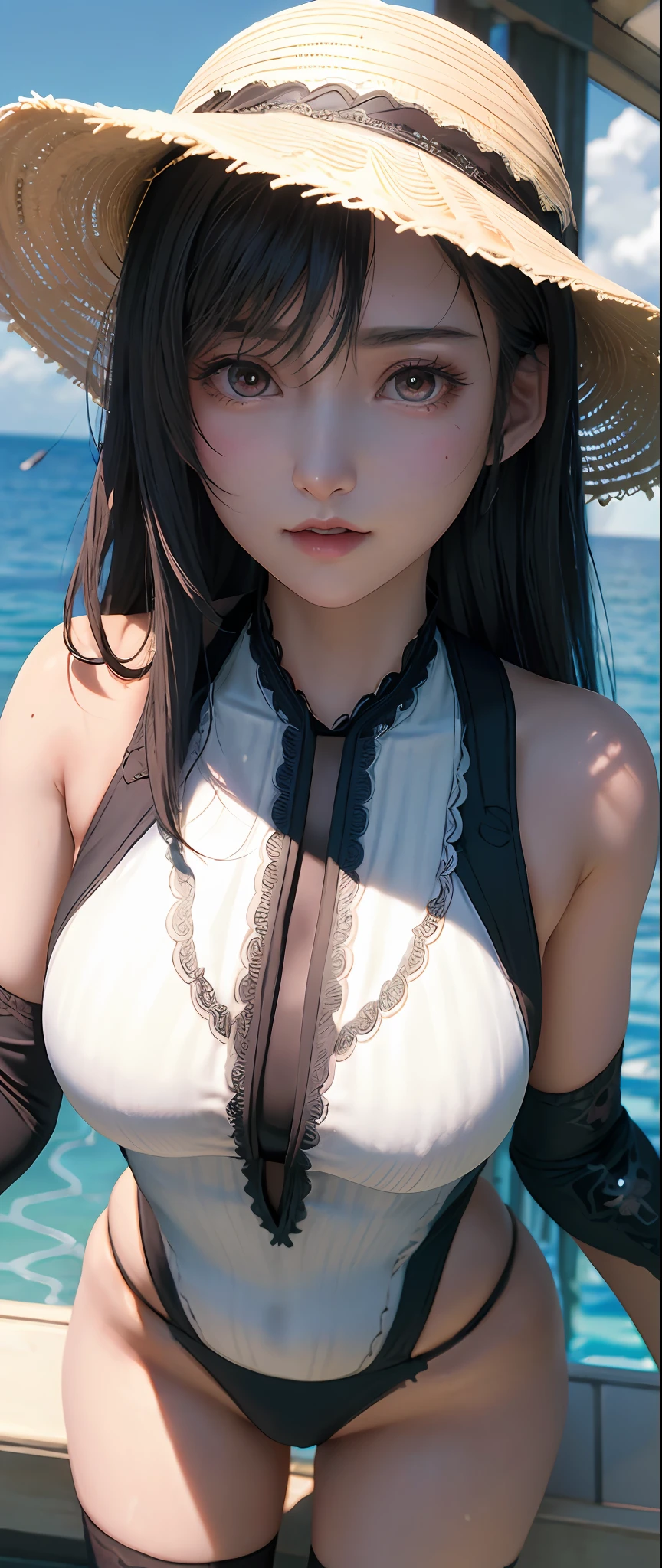 (masterpiece:1.5),(bestquality),highlydetailed,ultra-detailed,warm,(1girl),(swimsuit),(lace-trimmed),(bigeyes),(ovalface),(blackhair),(sunhat),(Asian)