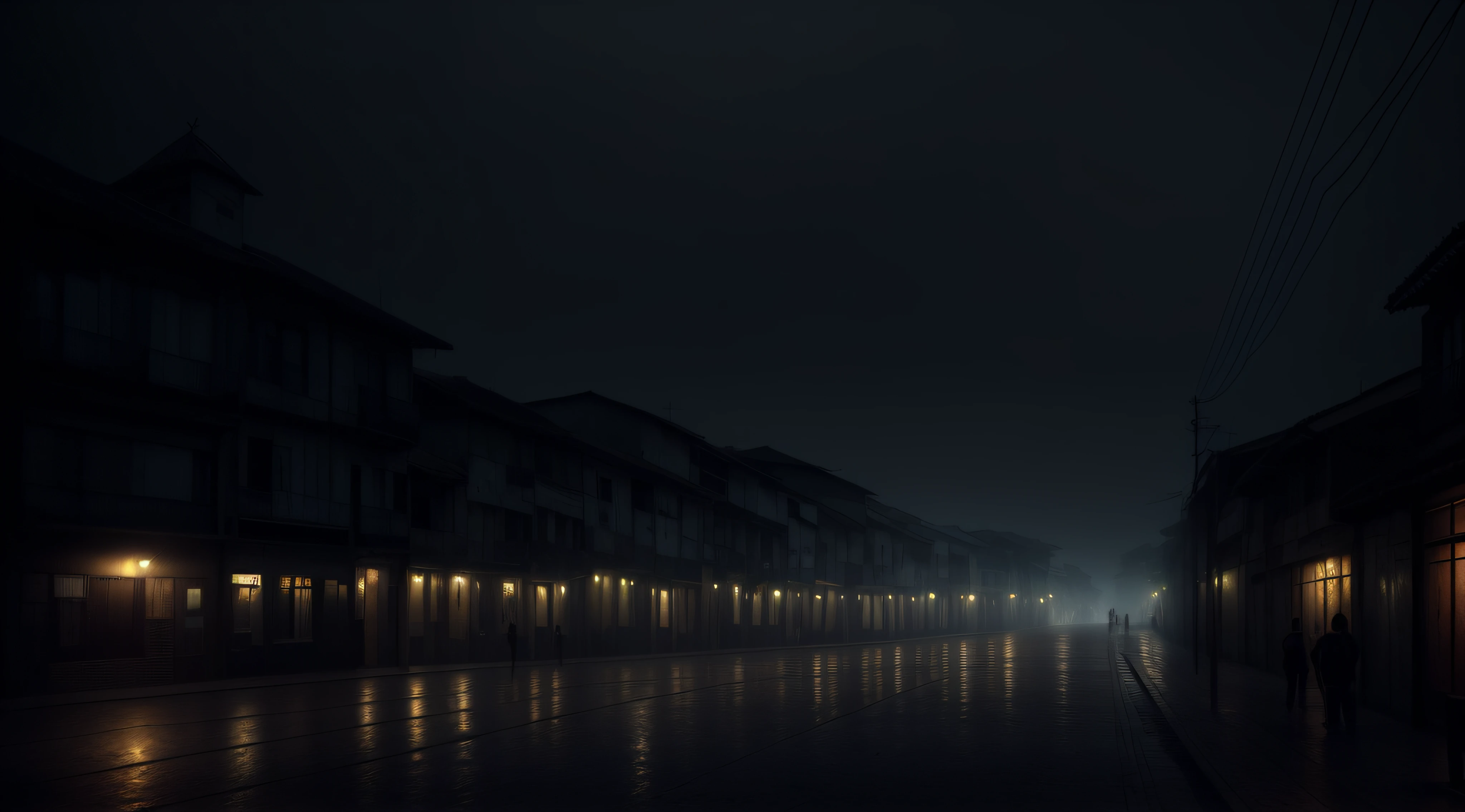 Vista noturna de uma rua com algumas pessoas caminhando sobre ela, arte conceitual escura fotorrealista, gloomy cinematic lighting, Rua Escura, dark cinematic lighting, ruas escuras, Dia chuvoso. game render, octan render. mistborn, Realistic. atmosfera escura, Ruas escuras e abandonadas da cidade, cinematic wallpaper 4k, com vista para uma rua escura, cinematic 4k wallpaper, foto realista de uma cidade