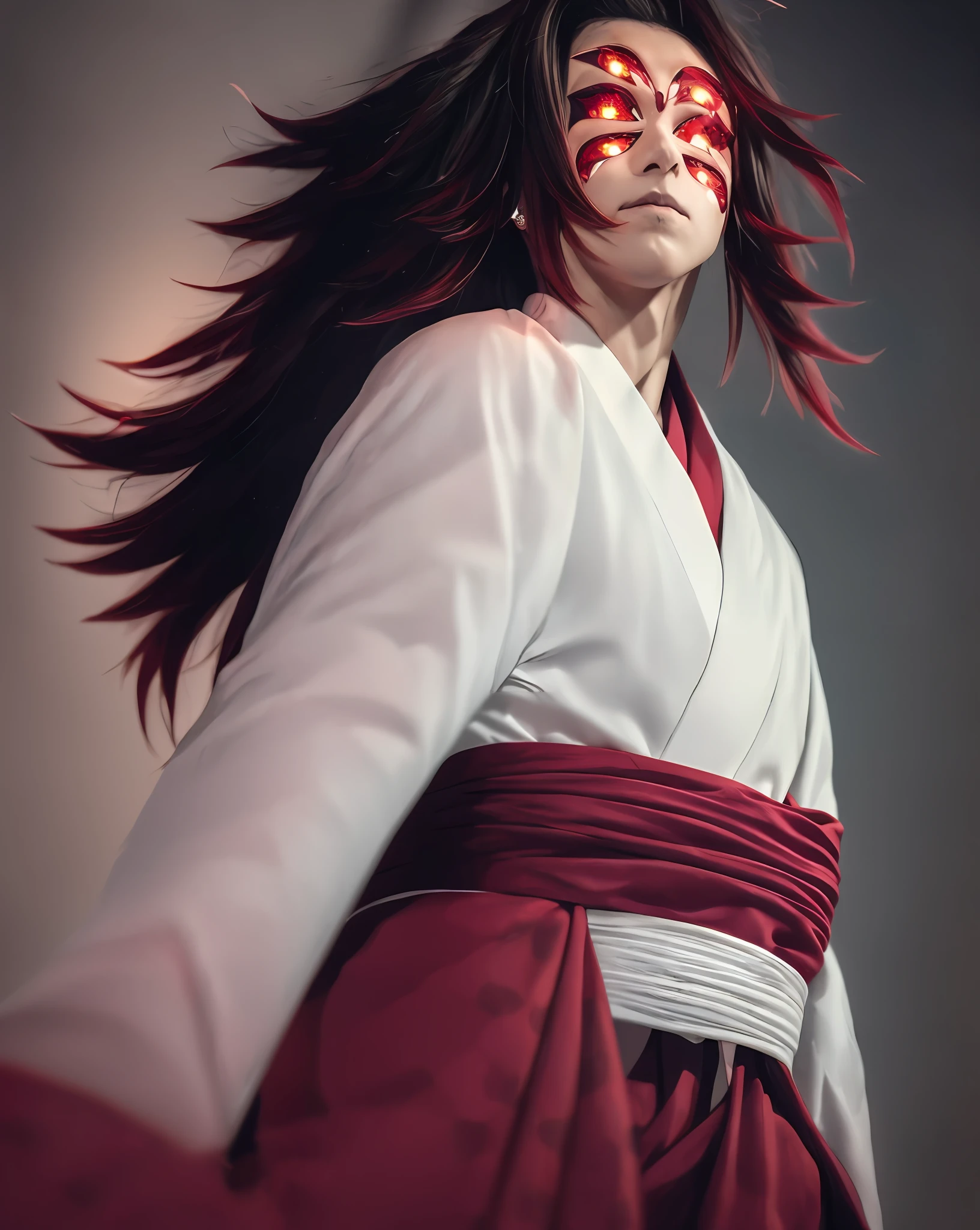 Retrato do imponente espadachim Kokushibo sob a luz do luar, long black hair flows dramatically behind his head, revealing her pale white skin and solemn expression;. His piercing red eyes glow with strong emotion. Ele veste um preto, Traditional gold and red samurai kimono with intricate patterns on the sleeves, Red blood Shorei flies around in a mystifying dance. The background is a misty forest at night