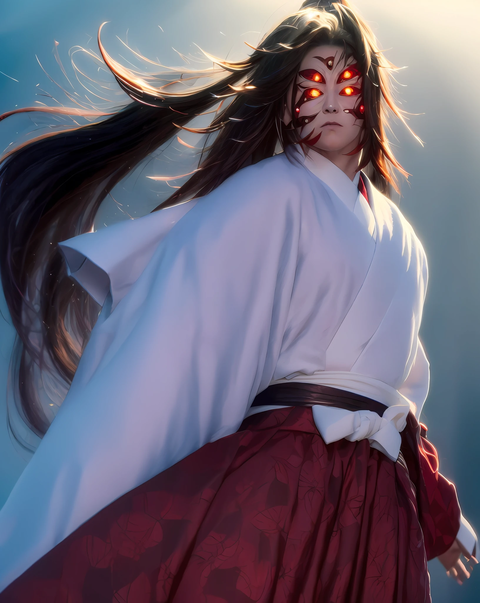 Retrato do imponente espadachim Kokushibo sob a luz do luar, long black hair flows dramatically behind his head, revealing her pale white skin and solemn expression;. His piercing red eyes glow with strong emotion. Ele veste um preto, Traditional gold and red samurai kimono with intricate patterns on the sleeves, Red blood Shorei flies around in a mystifying dance. The background is a misty forest at night