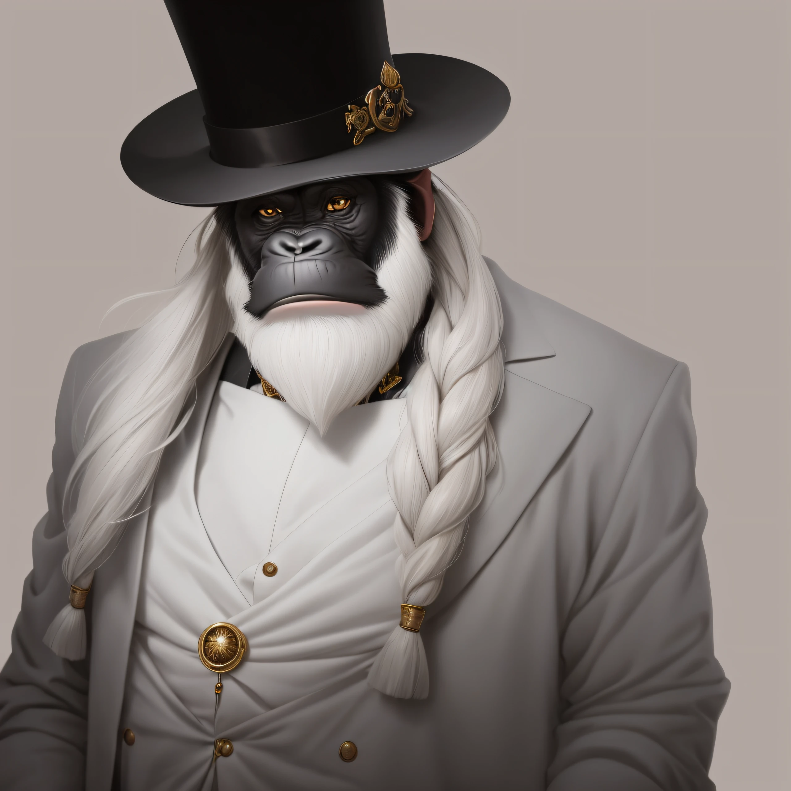 There is a chimpanzee with a long beard wearing a top hat, inspirado no artista de personagens seniores, personagem de fantasia hiper detalhado, arte conceitual realista do personagem, retrato do personagem da fantasia, Personagem altamente detalhado, arte de personagem impressionante, retrato da arte do conceito do personagem, by senior character artist, retrato da arte do personagem, arte do personagem do motor irreal, epic character portrait, retrato de arte conceito de fantasia, retrato detalhado do caractere