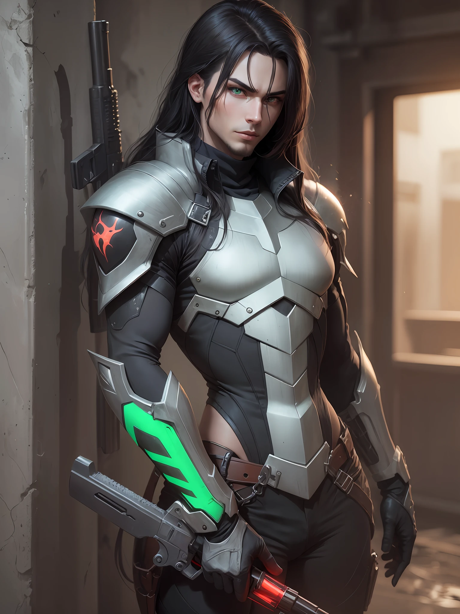 Male demon hunter long black straight hair green eyes two guns --auto --s2