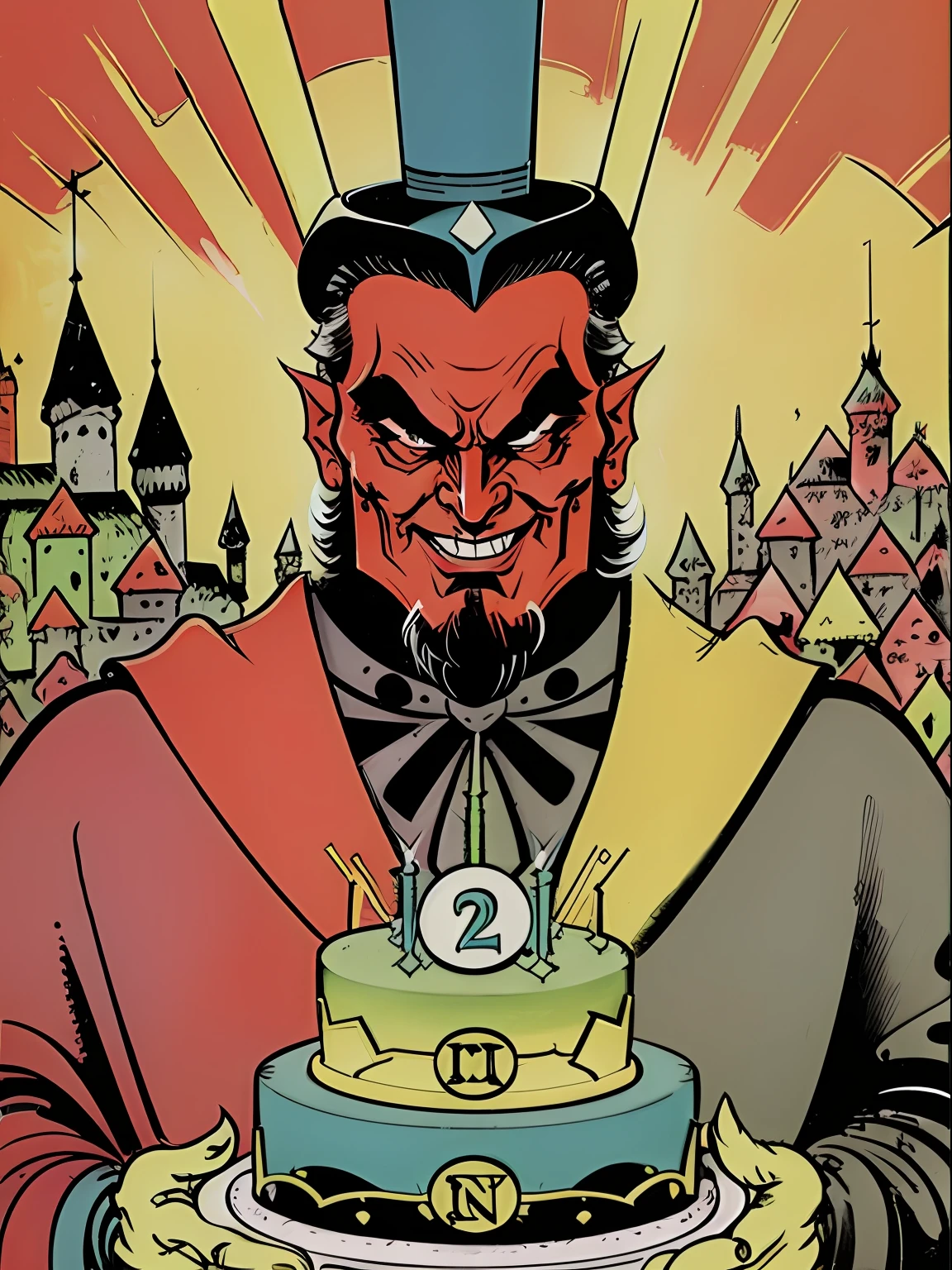 A beautiful aesthetic theme icon villain of evil birthday cake, cores neon, vetor, storybook illustration art, hiper detalhes, Supervillain aesthetics, foco nítido, Denoise, 8k, estilo de arte de desenho bonito, Arte Digital