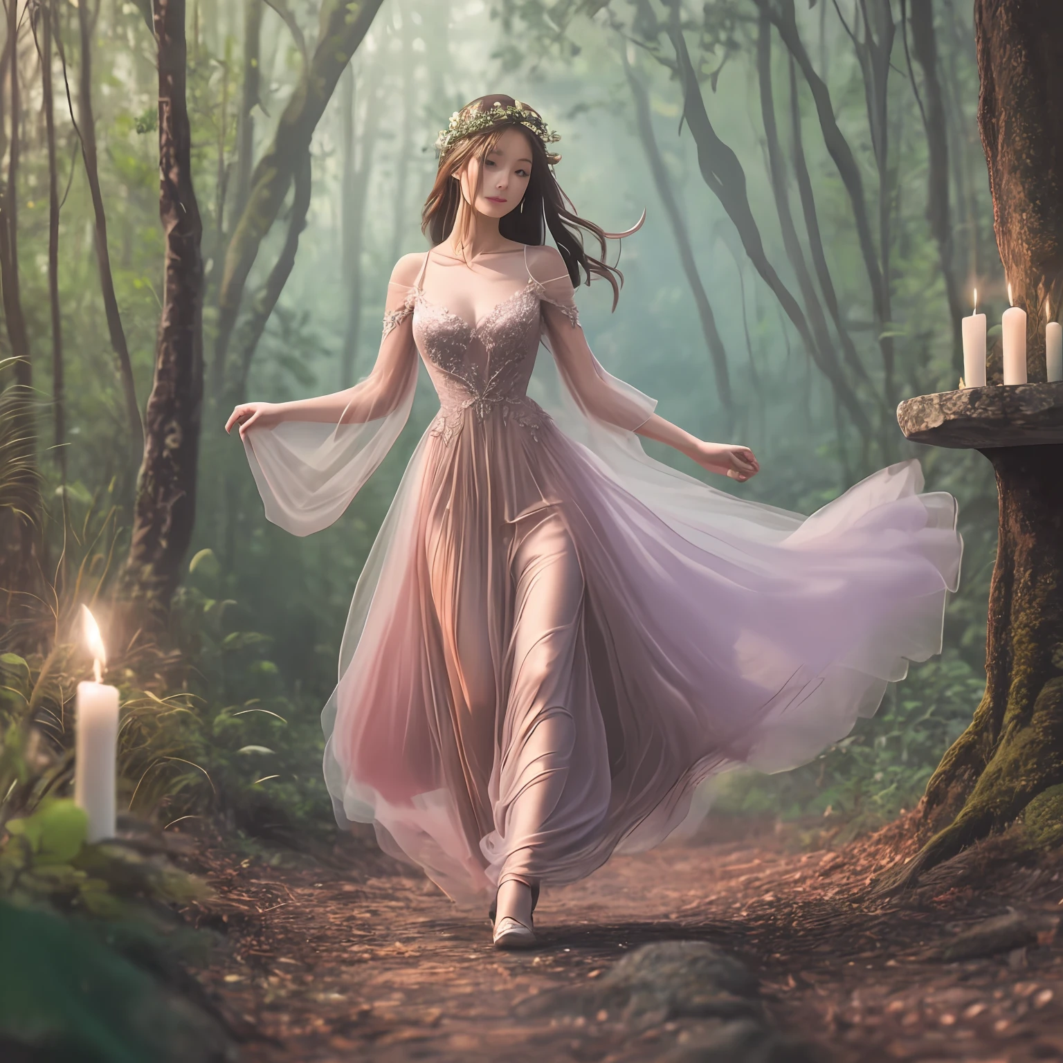 A captivating image of a woman, dressed in a stylish, elegant and enchanting dress, gracefully moving around a winding forest path. She is illuminated by the soft glow of candles, casting a soft, ethereal glow on the surroundings. The background features a beautifully detailed landscape, with lush greenery and foliage growing from the dense forest floor, providing a mesmerizing backdrop to the enchanting image. wide aperture, soft lighting, portrait lens