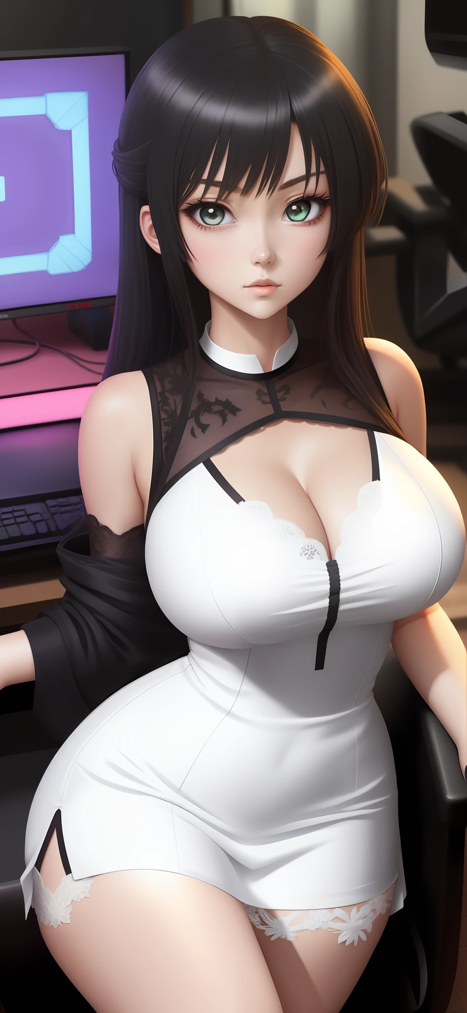 anime big breast，quadratic element，gaming character，Adult daughter，Bare thighs，Short white dress，sharp looking eyes，Lace-edged black silk
