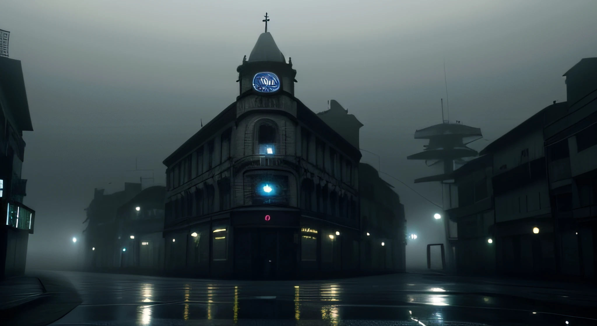 Image of a city street with a clock tower in the middle of the night, foggy dystopian world, creepy and dramatic atmosphere, Gothic fog environment, Strange and atmospheric, Lembrando Blade Runner, Como uma cena de Blade Runner, Ruas escuras e abandonadas da cidade, Cidade Vitoriana, inside a dystopian gothic, atmosfera sombria e nebulosa, Inspirado Sci Vitoriano - Fi