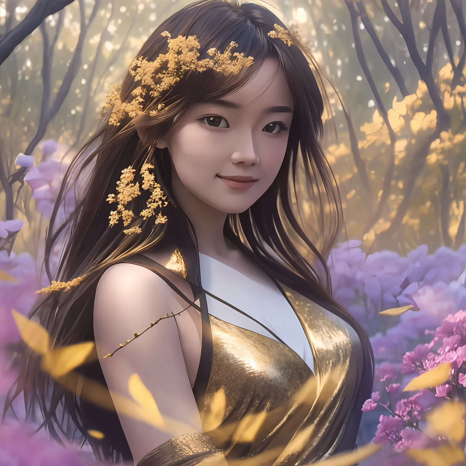 A capt subtitle captures the essence of this enchanting, magical image: a beautiful, enchanting woman with a captivating, glowing face and a flawless, perfectly-shaped body. She stands gracefully on a rooftop, surrounded by a sea of otherworldly flowers, and the sun casts warm, golden light on the scene. In the background, a mesmerizing forest unfolds, bathed in the warm, golden light of a magical tree branch. telephoto lens, golden hour lighting, low aperture