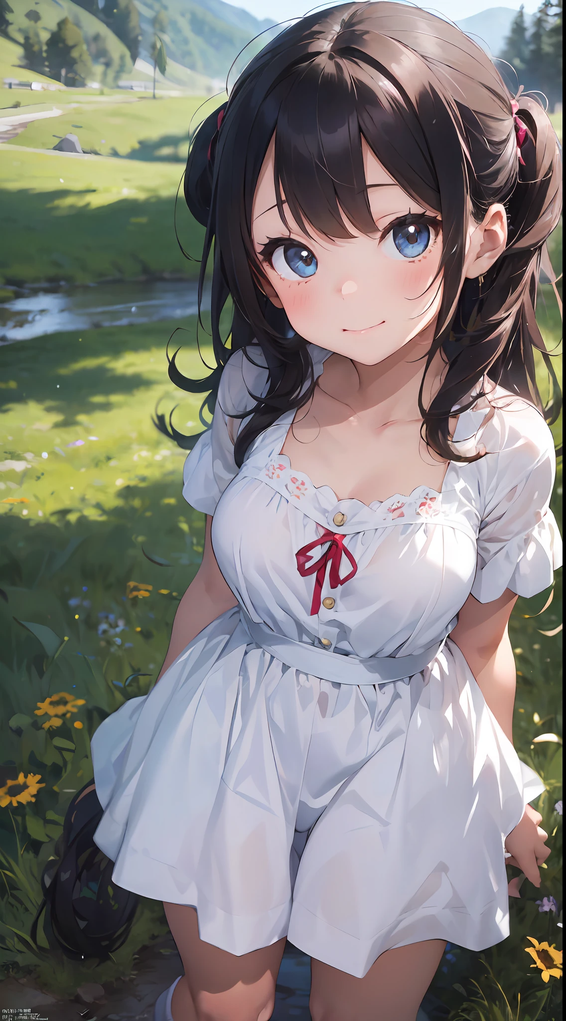 ((6year old girl:1.5)), Girl in 1, boobs loli, Petite girl, Complete anatomy, Whole body, child's body, child, Super Cute, garl, Little girl, Beautiful Girl, beautiful shining body, Bangs,Brown hair,high eyes,(aquamarine eyess), drooping eyes, Petite,tall eyes, beautiful girl with fine details, beautiful and delicate eyes, Detailed face, Beautiful eyes, beautiful shining body, a smile, Happiness, 

Whole body angle, alps, Shepherd's daughter, Mountain Girl, plein air, alpine meadow,

Natural light,((Realism: 1.2)), dynamic far view shot,Cinematic lighting, Perfect composition, by sumic.busty petite, ultra hyper-detailed, Official art, Maste Piece, (Best Quality:1.3), glint, the Extremely Detailed CG Unity 8K Wallpapers, Detailed background, Maste Piece, Best Quality, (Maste Piece), (Best Quality:1.4), (ultra-high-resolution:1.2), (hiper realistic:1.4), (Photorealistic:1.2), Best Quality, High quality, A high resolution, Detail enhancement,