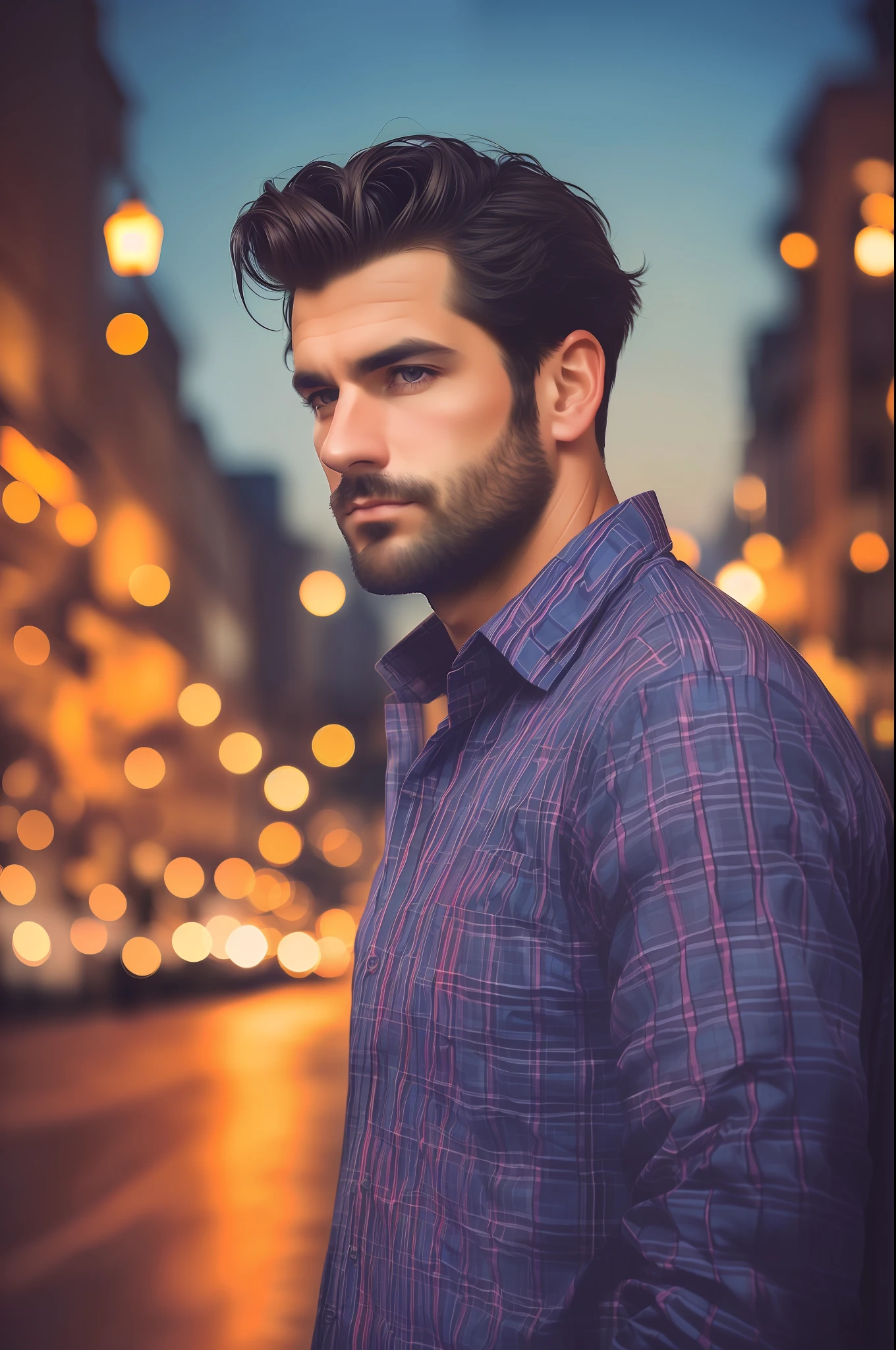 close up portrait of a modern dark-haired man, detailed face, in a plaid dark shirt, on the street of the city, near a blue car, evening, neon, lanterns, dramatic sky, by greg rutkovski