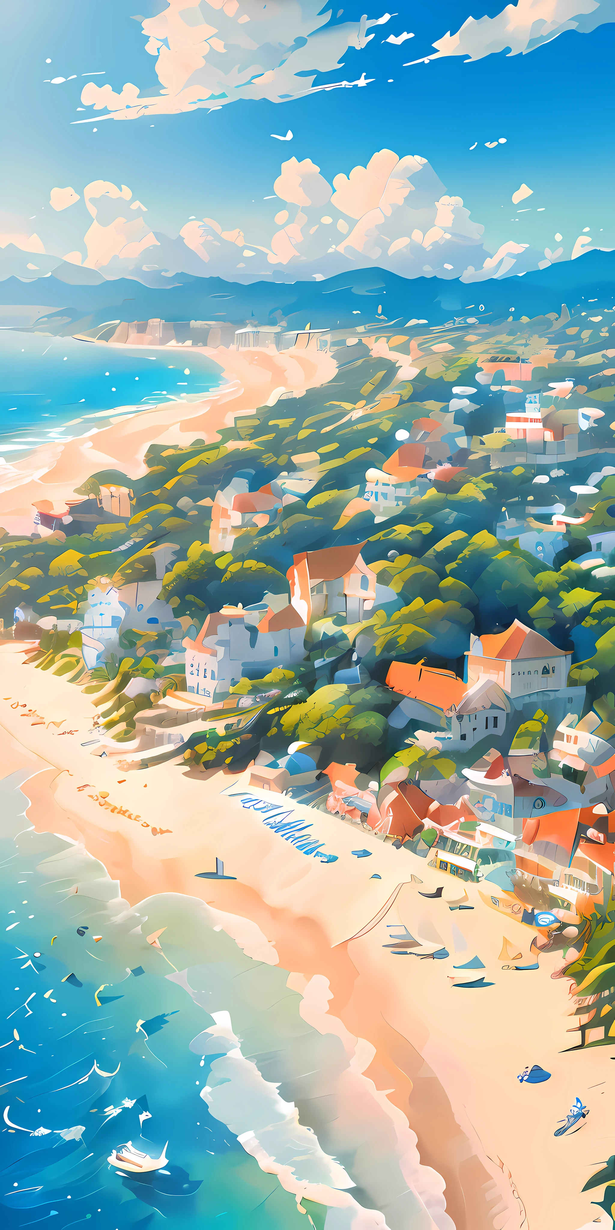 (Masterpiece:1.5),(best qualtiy),highly detailed,Ultra-detailed,warm,poster for,blue backdrop,(Seaside),(Tranquil ocean),(Sunlivot),(shimmering dazzling lighting),(gentle waves),(Sandy Beach),(footprints),(Soft clouds),(Dreamy),(Beach decoration),(shells),(starfish),(beach ball),(Attractive tagline),(A symbol of affection)