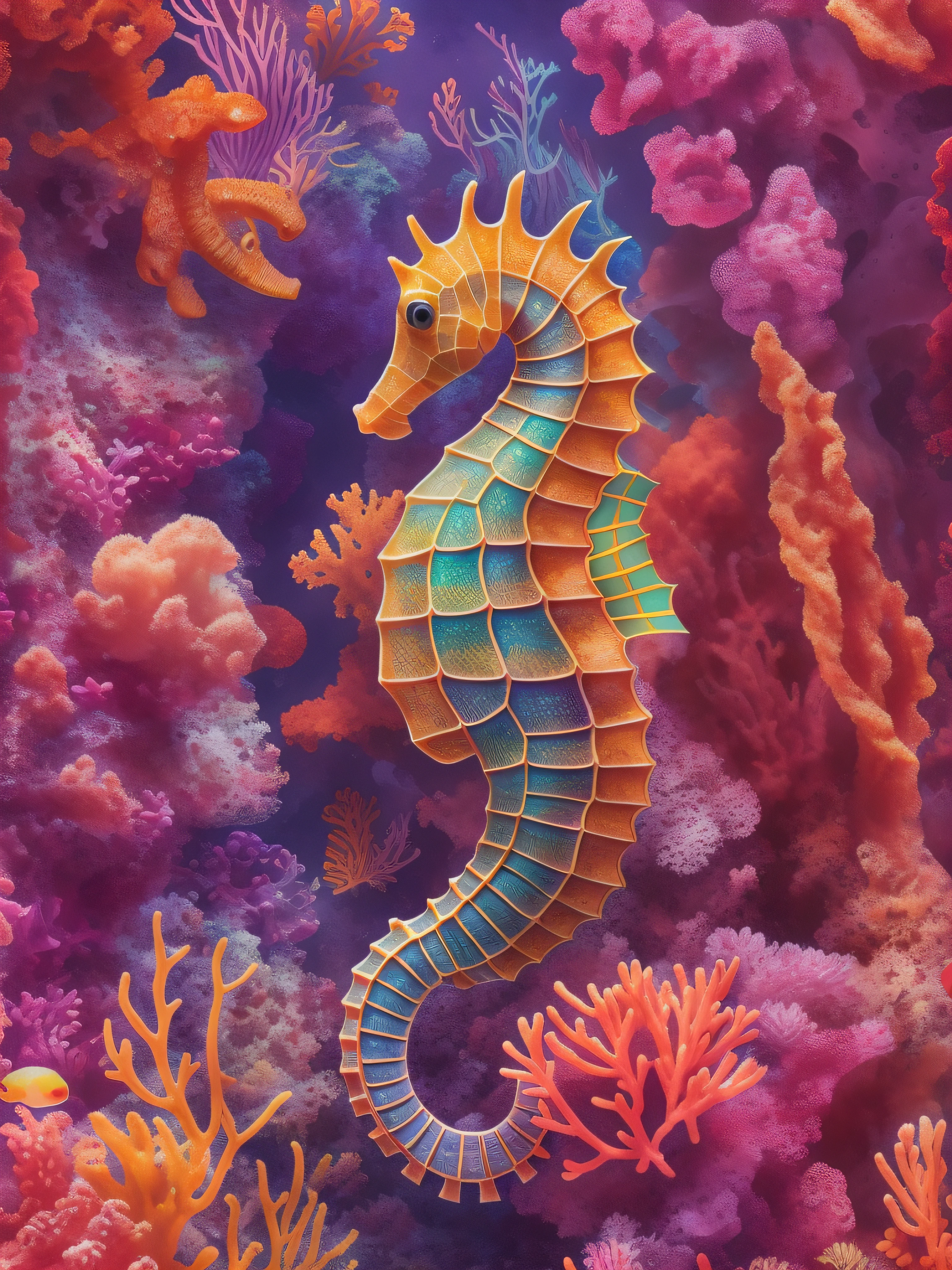 A seahorse in a colorful coral garden with intricate detailing, professional detailing, play of light and shadow, 4k hdr, hyper realistic, masterpiece, highly detailed, digital painting, best quality, highres, detailed work, post-processing, perfect face, perfect eyes