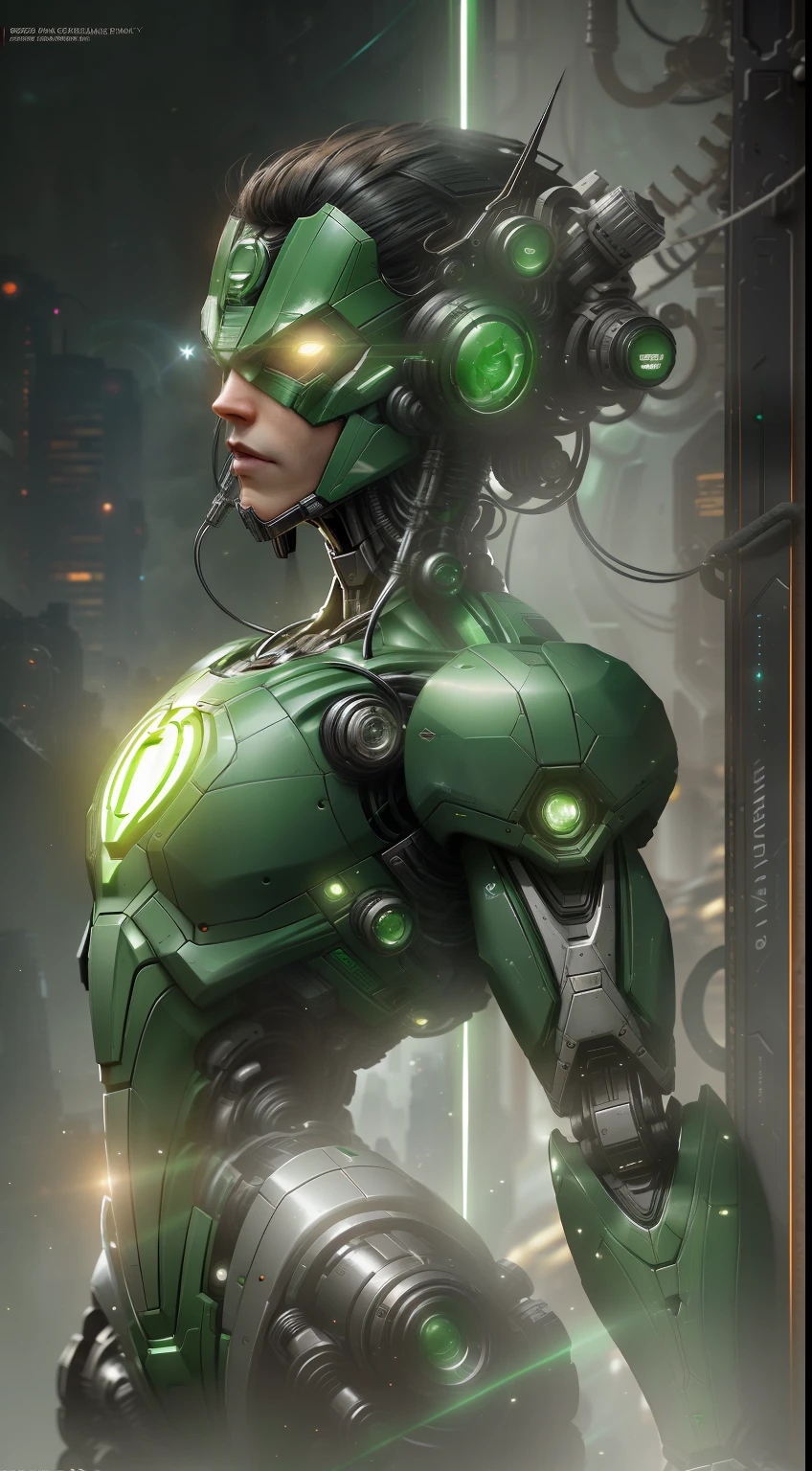 Green Lantern from DC photography, biomechanical, complex robot, full growth, hyper-realistic, insane small details, extremely clean lines, cyberpunk aesthetic, a masterpiece featured at Zbrush Central