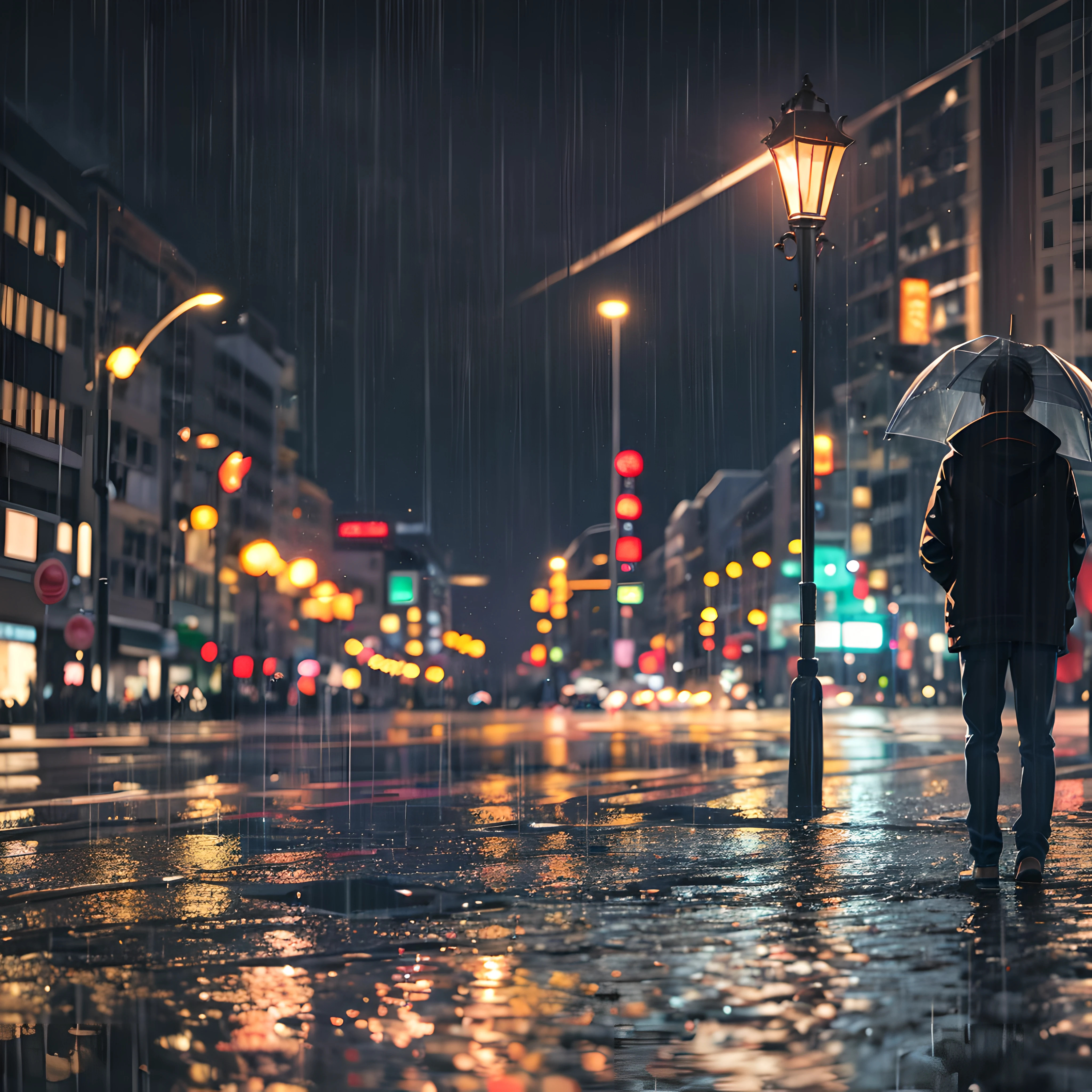 Outdoor cinematics Rainy city night Couple on a bench Street lights at eye level Bokeh effect & destello de lente poco profundo 4K