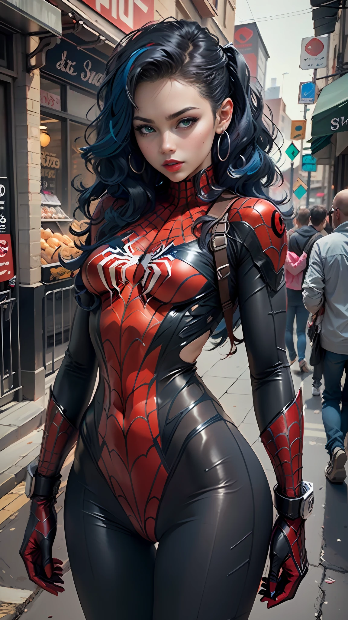 Beautiful woman detailed defined body using spider man cosplay, medium breasts, visible , dark blue hair with red highlights, dark red lipstick, green eyes