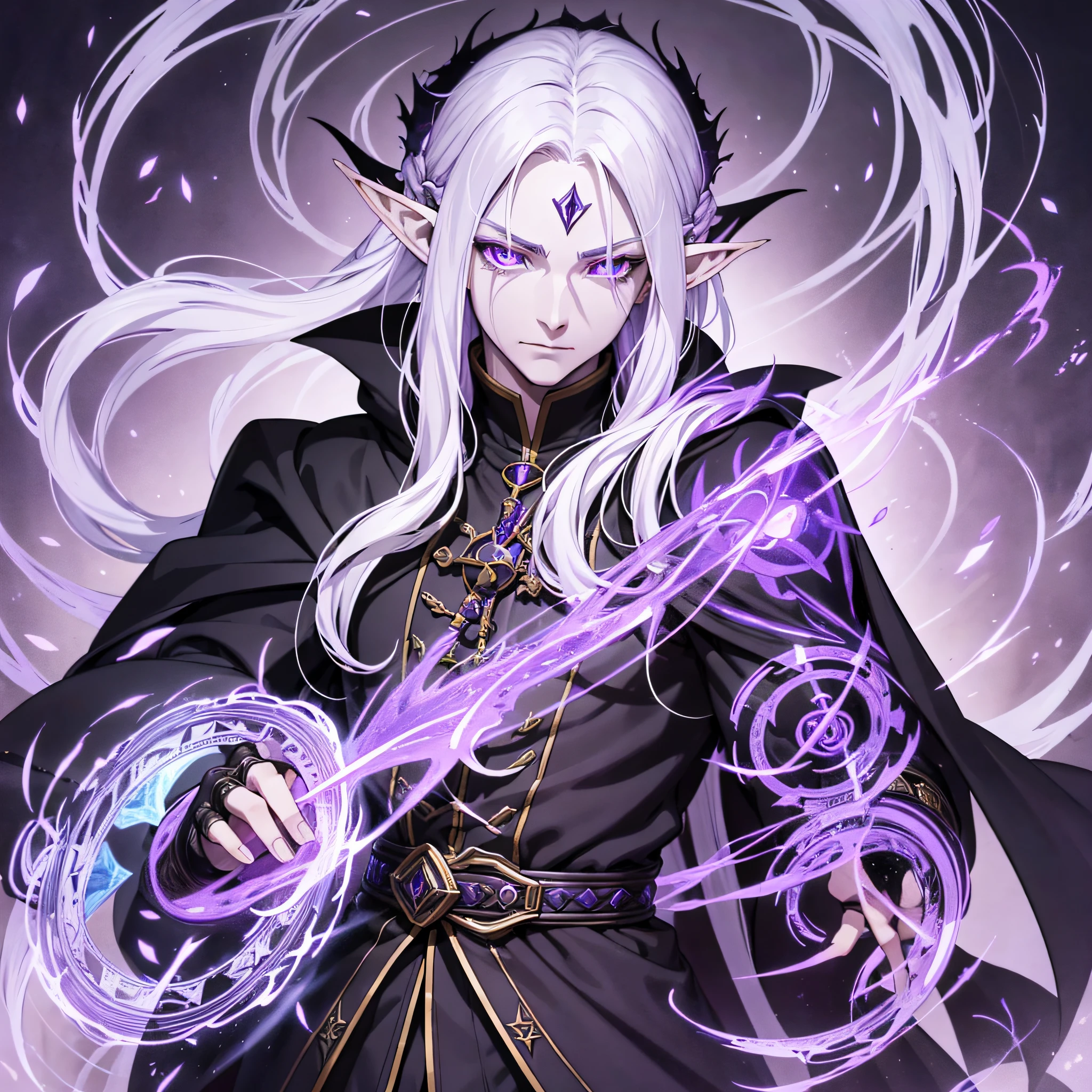 dungeons and dragons, male half elf, warlock, long white hair, violet eyes, dark clothes, proud, evil, magical, detailed face, detailed skin, detailed character, young, black clothing, black cape, he has purple eyes, purple eyes, hes young --auto --s2
