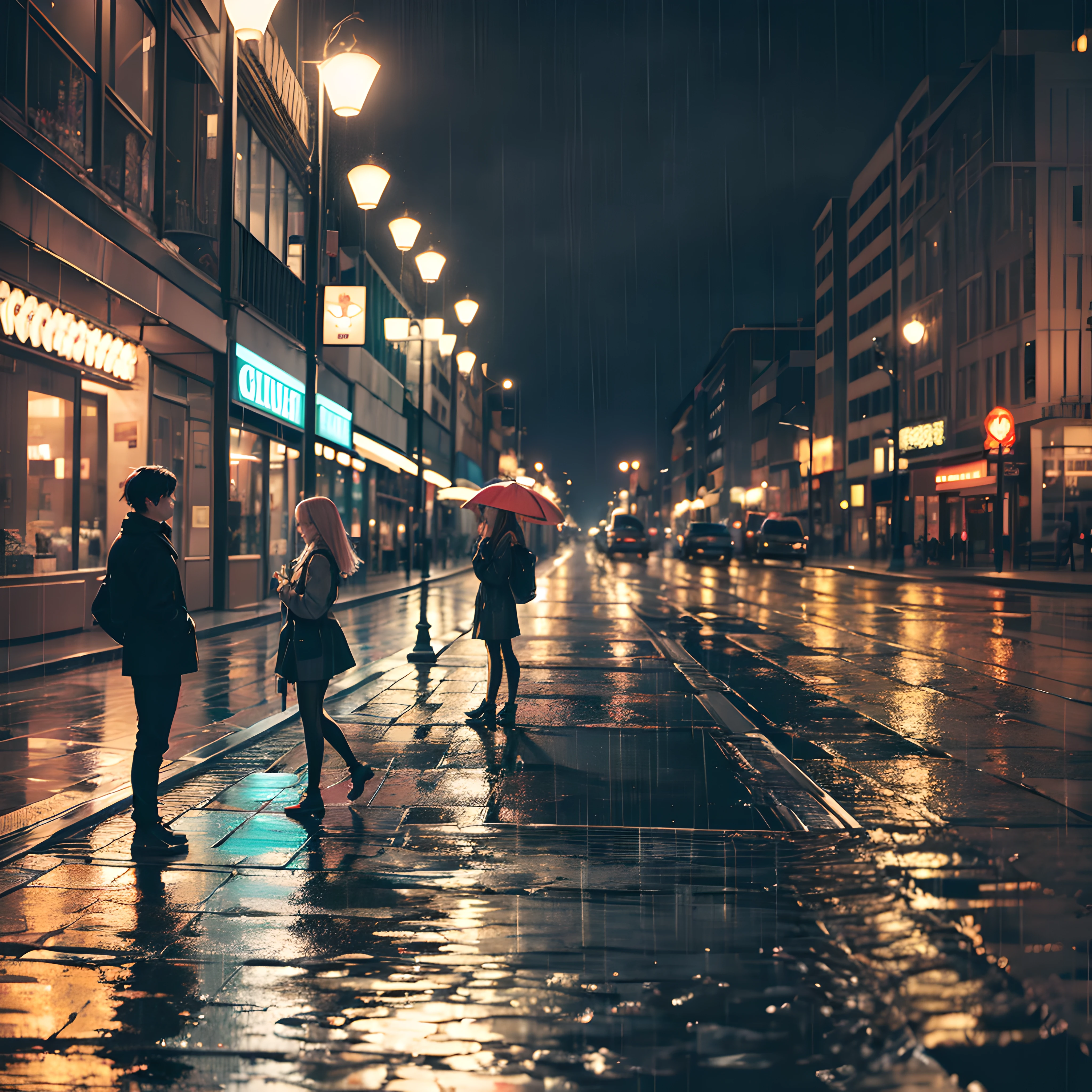 Outdoor cinematics Rainy city night Couple on a bench Street lights at eye level Bokeh effect & destello de lente poco profundo 4K