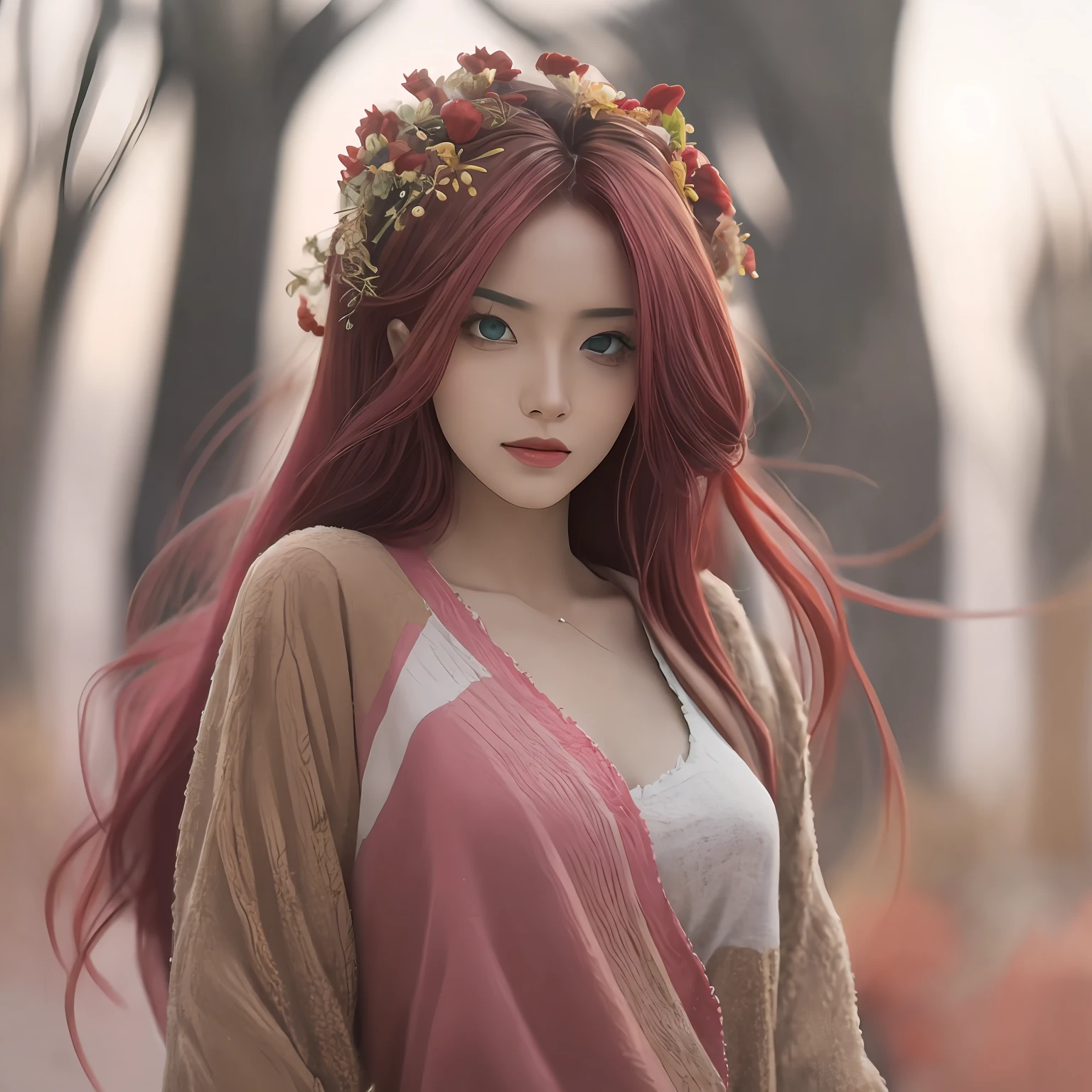 A captivating image of a woman with an enchanting, enchanting face and perfect, glowing body. Her hair is a vibrant, mesmerizing mix of pink, orange, and red, and her eyes are a mesmerizing mix of serene and serene. Her skin is radiant and flawless, with an intriguing mix of natural and artificial elements. The bokeh effect creates an almost magical quality to the scene, emphasizing the woman's beauty and power. wide aperture, standard lens, soft lighting