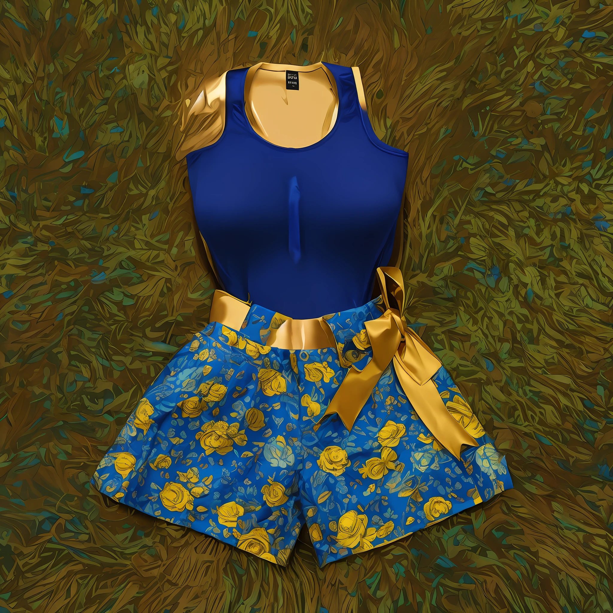 um close up de um top azul e shorts florais em um tapete marrom, roupa azul, roupas azuis, croptop e shorts, Roupas azuis, katelynn mini estilo bonito, blue themed, desgaste tradicional de cor azul, cabrito, blue shorts, summer outfit, sky blue, roupa azul dourada, traje com detalhes azuis, ouro brocaded roupas azuis escuras