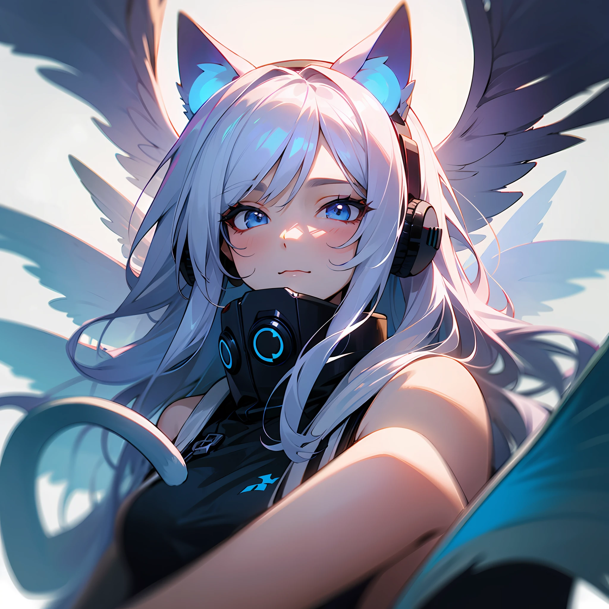 详细的脸，Deities，Long cat tail，divino，Six wings（（best qualtiy，8K，tmasterpiece：1.3））），Clear focus：1.2，，Beautiful Women in Perfect Figure，Highly Detailed Face and Skin Textur，Detailed eyes，二重まぶた，long  white hair，eBlue eyes，Blue cat ears，Blue headphones，Overlooking --auto