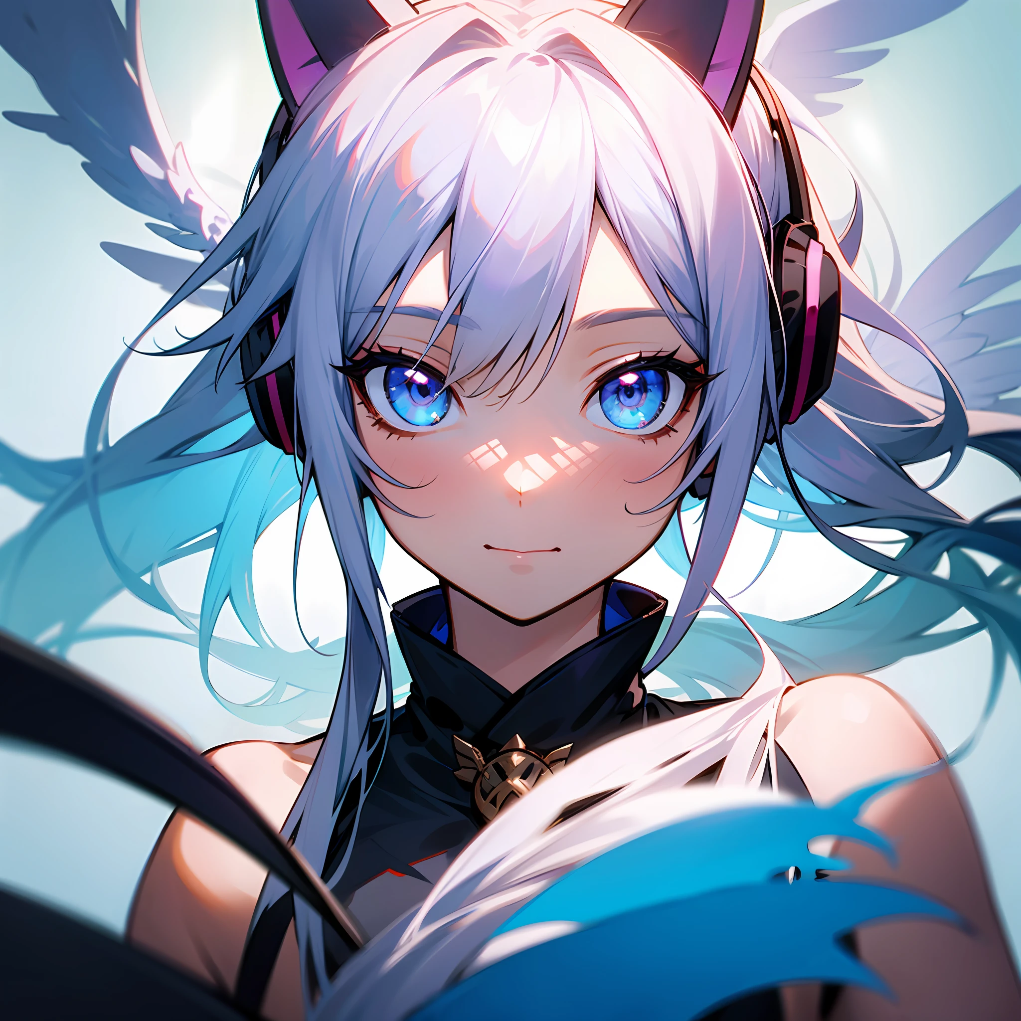 详细的脸,Deities,Long cat tail,divino,Six wings((best qualtiy,8K,tmasterpiece:1.3))),Clear focus:1.2,,Beautiful Women in Perfect Figure,Highly Detailed Face and Skin Textur,Detailed eyes,二重まぶた,long white hair,eBlue eyes,Blue cat ears,Blue headphones,Overlooking --auto