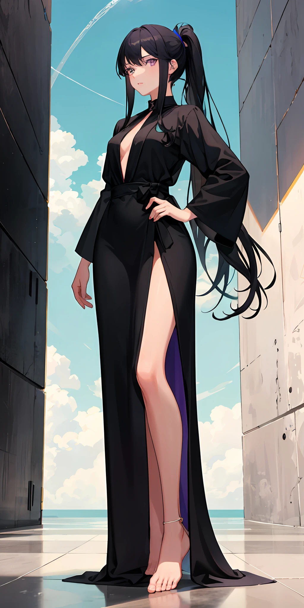 A girl with purple eyes, long black hair in a ponytail, wearing a floor-length drop robe, with two sky high slits