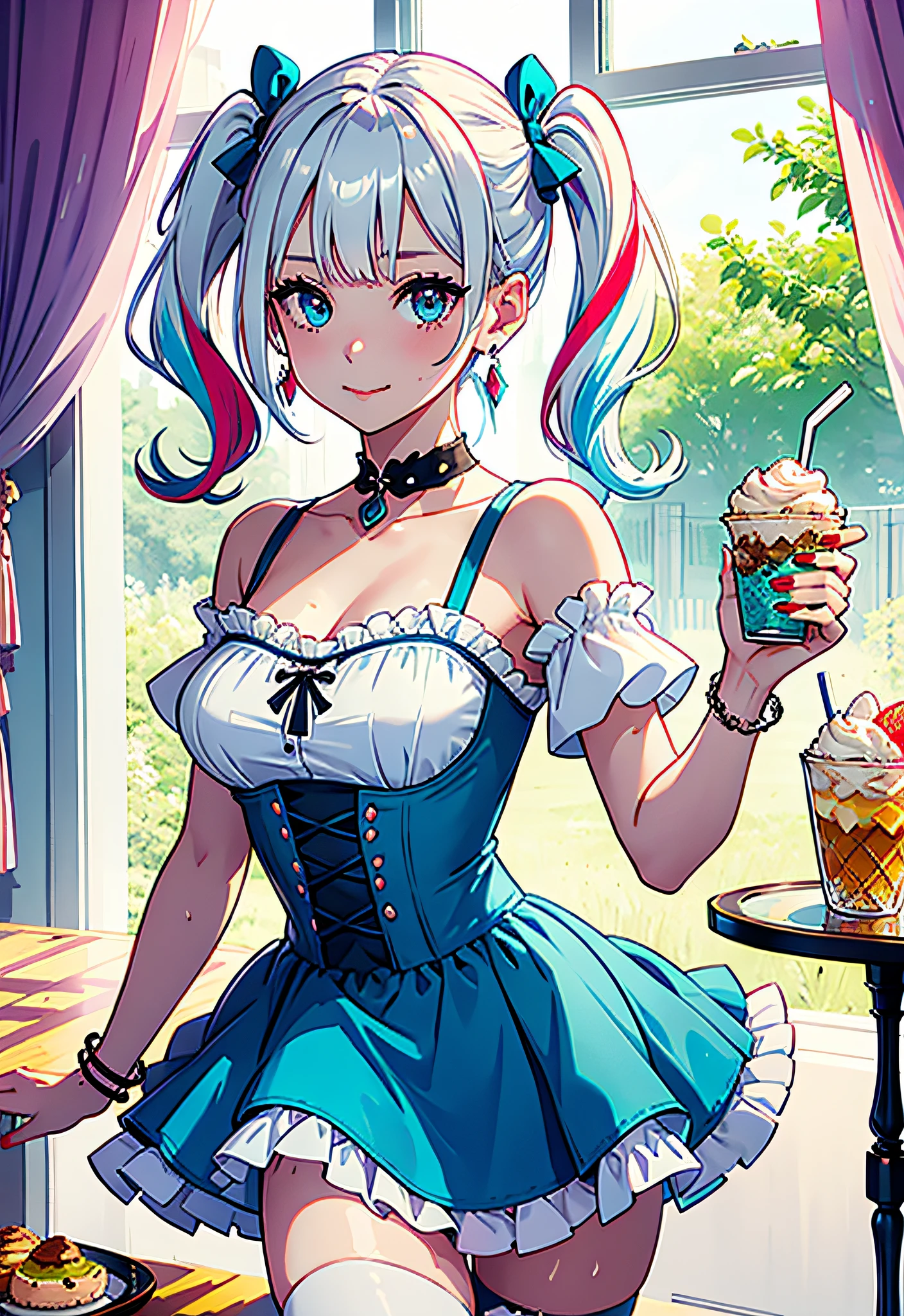 1girl, solo, tongue out, ice cream, long hair, tongue, blond hair, holding tea cup, jewelry, earrings, frills, doughnuts, blue dress, bangs, blue eyes, off shoulder, short sleeves, looking at viewer, arm up, nail polish, upper body, Victorian dress, blue nails, frilled tight top, bare shoulders, white stockings, white garter, open clothes, multicolored eyes, streaked hair, :p, two-tone hair, purple eyes, signature, shell, cup, two side up, collarbone,blurry, table, parfait, closed mouth, sundae, blush, aqua nails, character name, ice cream cone, mushroom, glass, multicolored nails, sweaty, hand up, fruit, spoon, sleeves past wrists, sexy Alice in Wonderland,