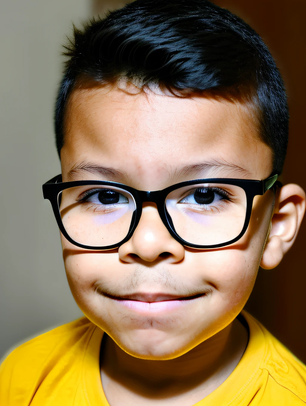 guttonerdvision7, Create a stunning portrait of a 3--old  wearing glasses, showing his captivating expression. O garoto deve ter um corte de cabelo curto estilo militar, with machine-cut sides, increasing your allure. O foco deve estar em seu olhar inocente e comportamento encantador. O fundo deve ser neutro e simples, garantindo que o homem continue sendo o foco central da imagem. Pay meticulous attention to detail, como destaques e sombras no rosto e no cabelo, para criar um retrato realista e realista. Try various lighting techniques to improve the mood and atmosphere of the portrait. Look for a masterpiece that captures the true essence of this kid.