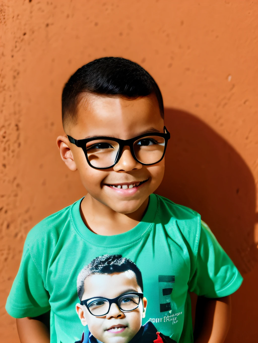 guttonerdvision7, Create a stunning portrait of a 3--old wearing glasses, showing his captivating expression. O garoto deve ter um corte de cabelo curto estilo militar, with machine-cut sides, increasing your allure. O foco deve estar em seu olhar inocente e comportamento encantador. O fundo deve ser neutro e simples, garantindo que o homem continue sendo o foco central da imagem. Pay meticulous attention to detail, como destaques e sombras no rosto e no cabelo, para criar um retrato realista e realista. Try various lighting techniques to improve the mood and atmosphere of the portrait. Look for a masterpiece that captures the true essence of this kid.