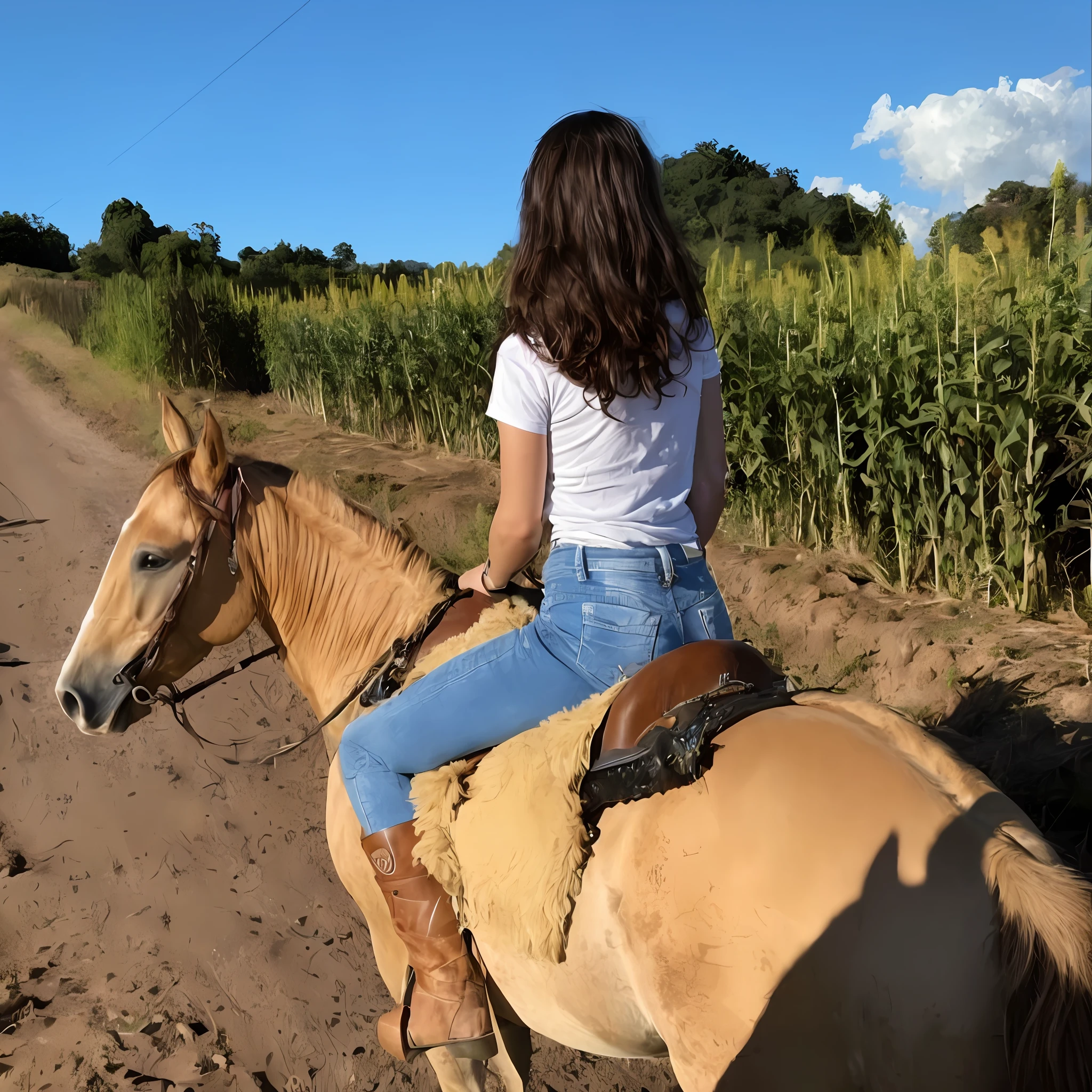 There's a woman riding a horse down a dirt road, em um cavalo, andar a cavalo, horseback riding, andar a cavalo, vaqueira, no campo, 👰 🏇 ❌ 🍃, 🤠 usando um 🖥, 🐎🍑, Andar na estrada, vaca-menina, Cowgirl ocidental, cavaleiro, com cavalo conduzido, Vaquero mexicano, cavalo no fundo --auto