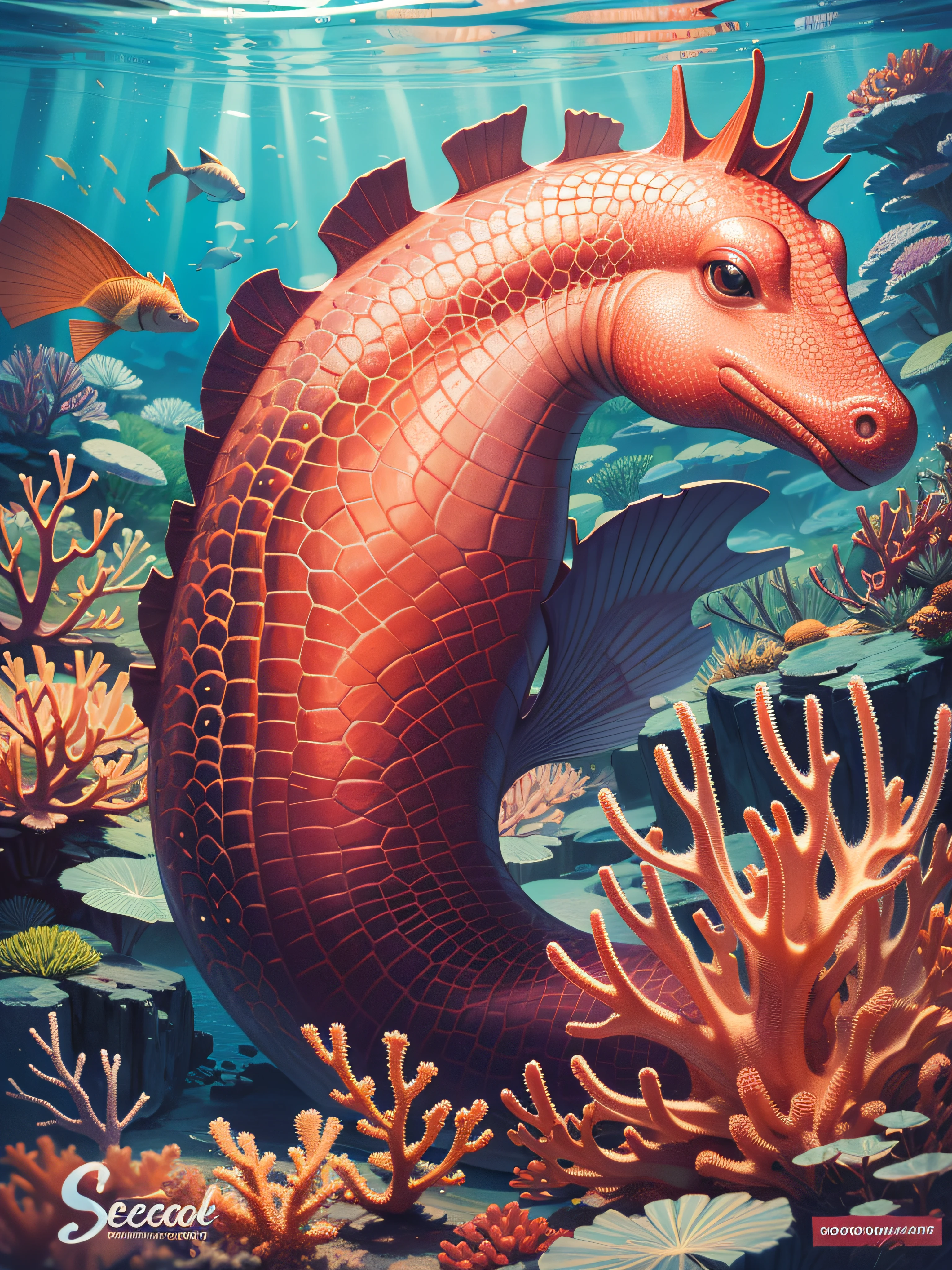 A seahorse in a colorful coral garden with intricate detailing, professional detailing, play of light and shadow, 4k hdr, hyper realistic, masterpiece, highly detailed, digital painting, best quality, highres, detailed work, post-processing, perfect face, perfect eyes